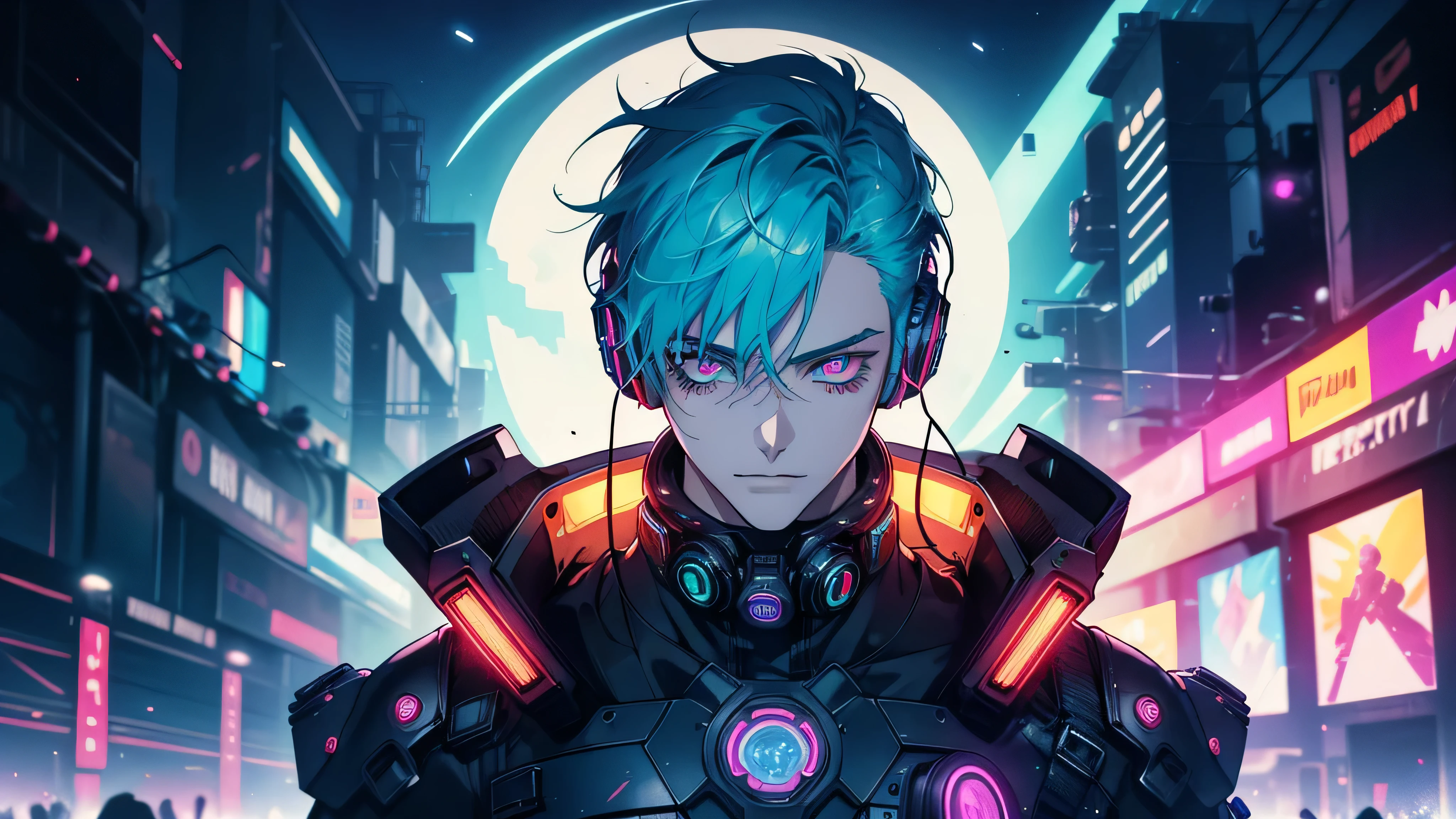 1boy, (extremely beautiful), solo, male focus, cyberpunk, neon lights, vibrant colors, headphones, Cyberpunk, neon, masterpiece, best quality, ultra-detailed, cyberpunk background, detail, in the starry night, moon, explosive and clear eyes, glowing eyes, beautiful details in the wind.