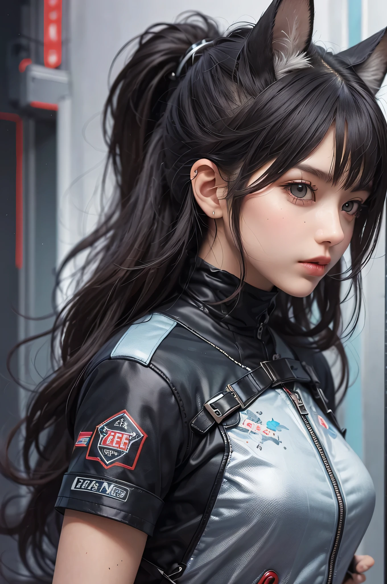 Cute girl, fox ears, long eyelashes, beautiful and detailed eyes, ponytail, bangs, wavy hair, messy hair, sci-fi style, cyberpunk clothes, final fantasy style, illusion 2.5D, bust