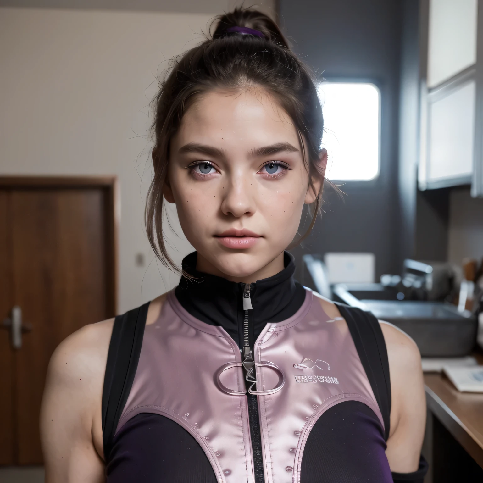 photo of a college student, Purple-Pink Gradient, futuristic space suit, (freckles:0.8) cute face, sci-fi, dystopian, detailed eyes, Heterochromia eyes((Side view))Back Room