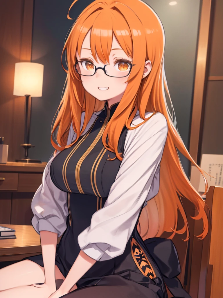 Anime girl with glasses sitting at a table with a book、(masterpiece), (highest quality),(Super detailed),(Very detailed),(The absolute solution) ,Absurd,8k, Cute and beautiful face, Very detailedな顔と目, One girl, Wearing silver glasses, Grin, Show your hand,Put your elbows on the table, (Long Hair, Orange Hair, Brown eyes:1.5), Eye Air Pin, Big Breasts, (Intricate iris detail,Pupil depth and three-dimensional effect:1.0),