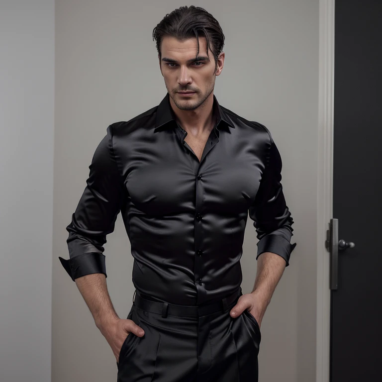 Sexy man wearing black satin shirt and unbutton the shirt