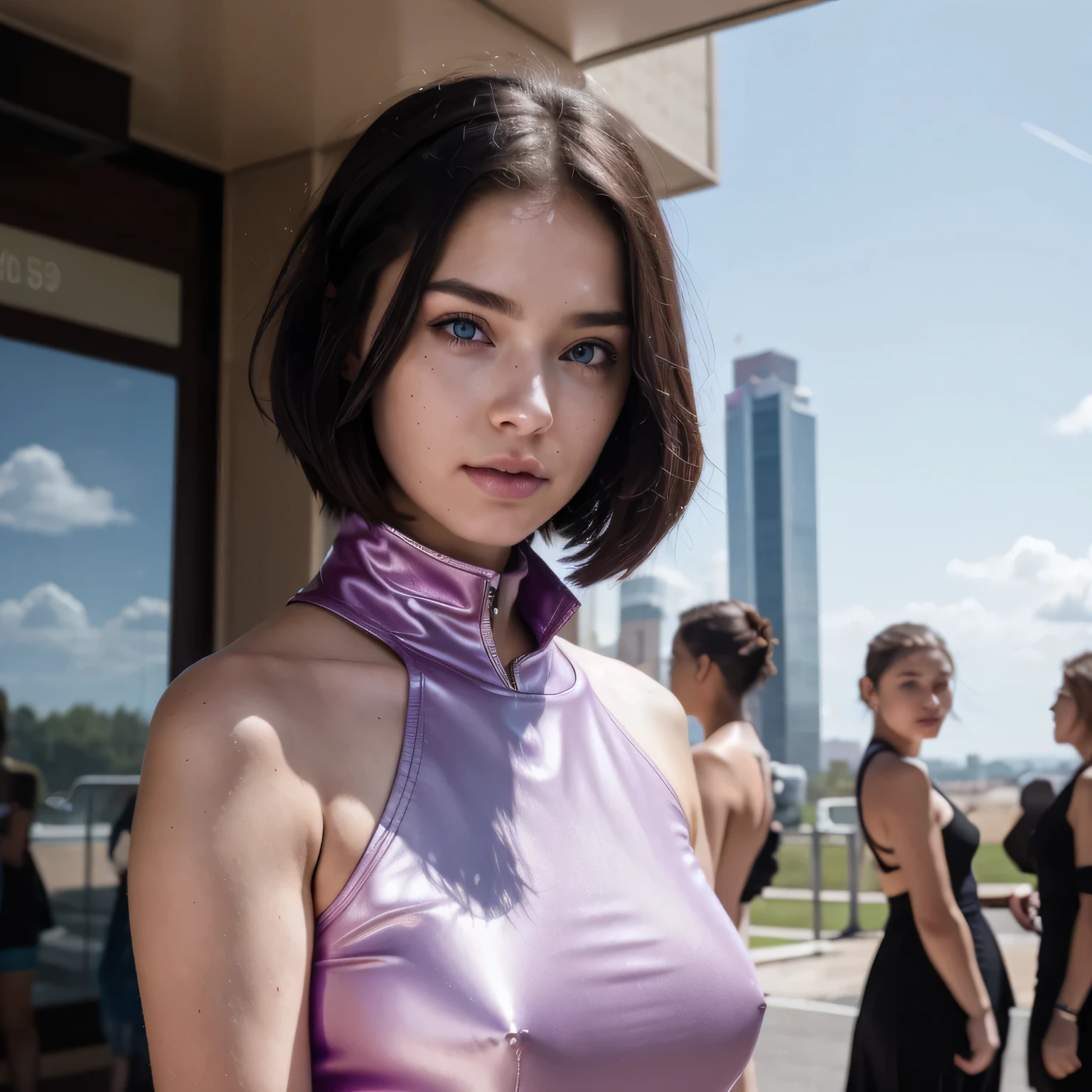 photo of a college student, Purple-Pink Gradient, futuristic space suit, (freckles:0.8) cute face, sci-fi, dystopian, detailed eyes, Heterochromia eyes((Side view))Back Room