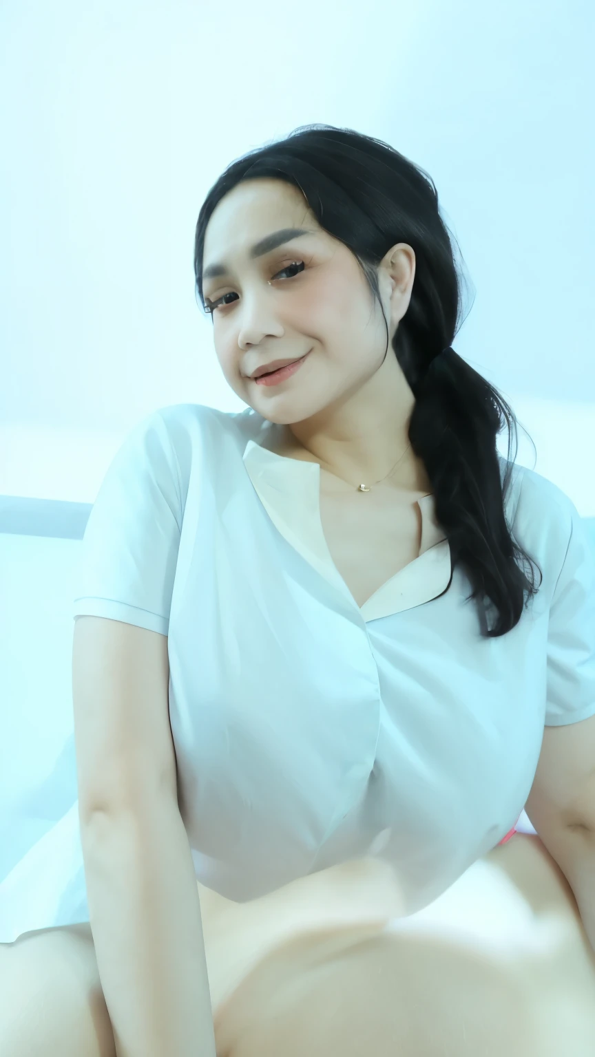 a beautiful 30 year old Asian woman, super realistic, HD, very charming, white skin, smooth, slightly brown, hair in pigtails, large breasts protruding, and visible cleavage, dressed in a tight red negligee, facing the camera,