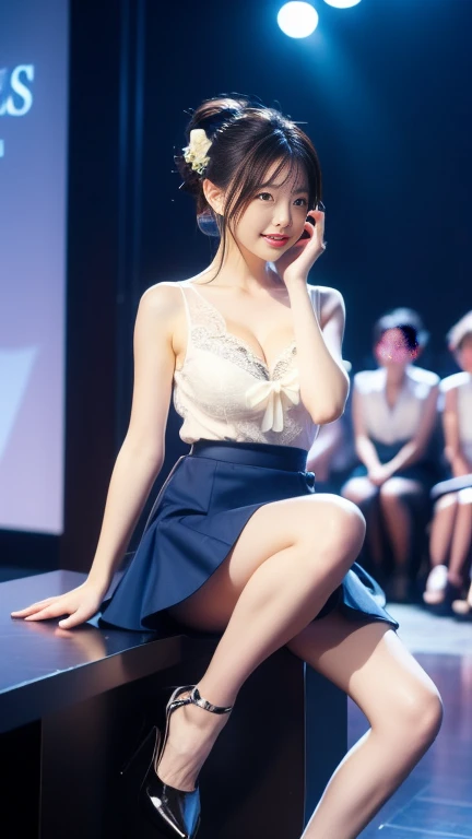 beautiful girl、Sleeveless, sheer lace shirt、Emphasized cleavage、Large Breasts、Long Hair、Tie your hair up with a red ribbon、はだけたThighs、Thighs、Beautiful knees、High heels、Have a smartphone、Staring at the audience、Embarrassed expression、high resolution、Colorful、flowers in background、blue sky、Black Hair、Blue Eyes、Red flared skirt(mini skirt)