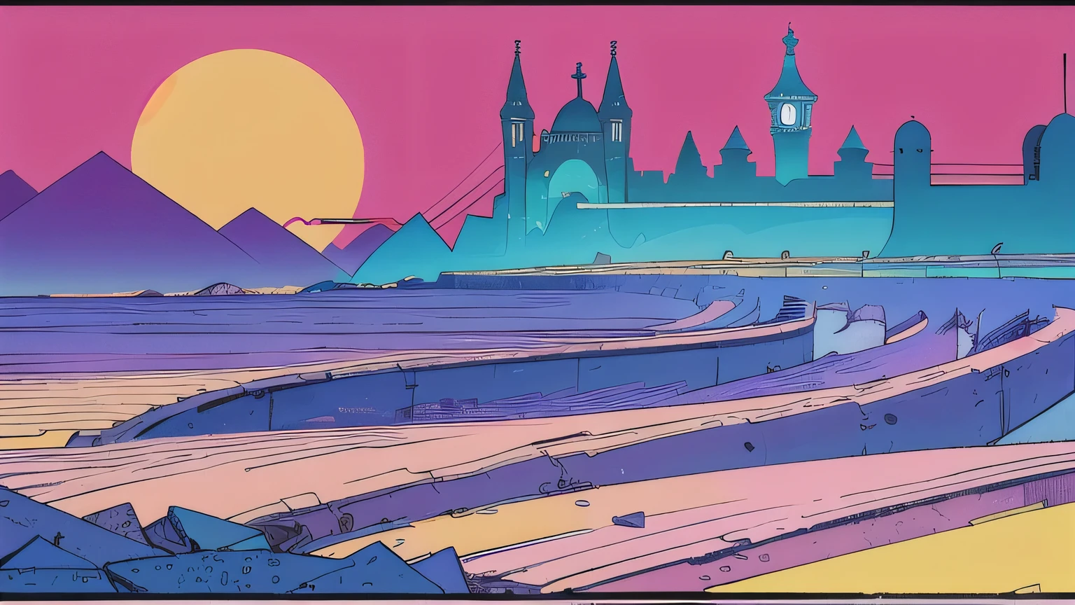 (praise),  magical research,  evening,sunset,Analog Color Theme, flat, 2D , Simple drawing, Simplify the line drawing, Ink drawing, Big incline, Gouache Color, Great colorful, Out turn, Synthwave,Classic style,Old Texture, amplitude,Medieval European royal atmosphere,Mysterious atmosphere,Lo-Fi,A calm medieval castle town,8k, 35mm, Absurd, Flat color, perspective, Depth of written boundary, High resolution, Cinema Lighting, Professional Lighting, Sharp focus, High resolution, photograph, Realistic, Super detailed, In detail, 
