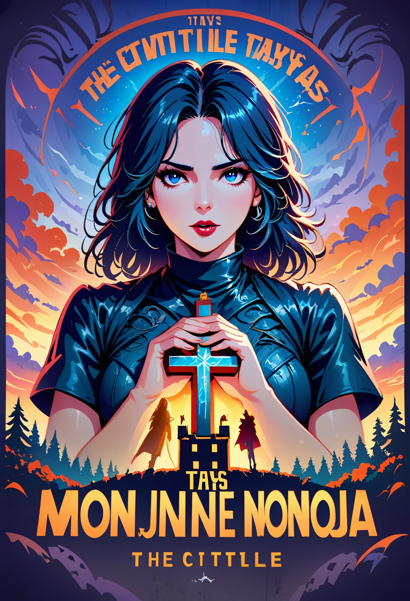 a poster of a monja holding a cross in her hands, an evil monja, monja, magia, cartel oficial, horror movie poster,(The title says "monja":1.7),movie nine, Cartel de terror, Gavin Nolan, movie poster with no text, Cleland films, magia style, horror movie poster, movie poster, Autor:Juan rojo, horror movie poster style,(dark fantasy), (Super wide angle moonlight), Gothic castle front, Skeleton monja (baja tu cabeza, Wearing a tattered monja outfit,ojos verdes, boca abierta) , Concepto de arte digital, negro y gris, (Obra maestra, mejor calidad, ultra high definition, Muy detallado, movie lighting), Gothic