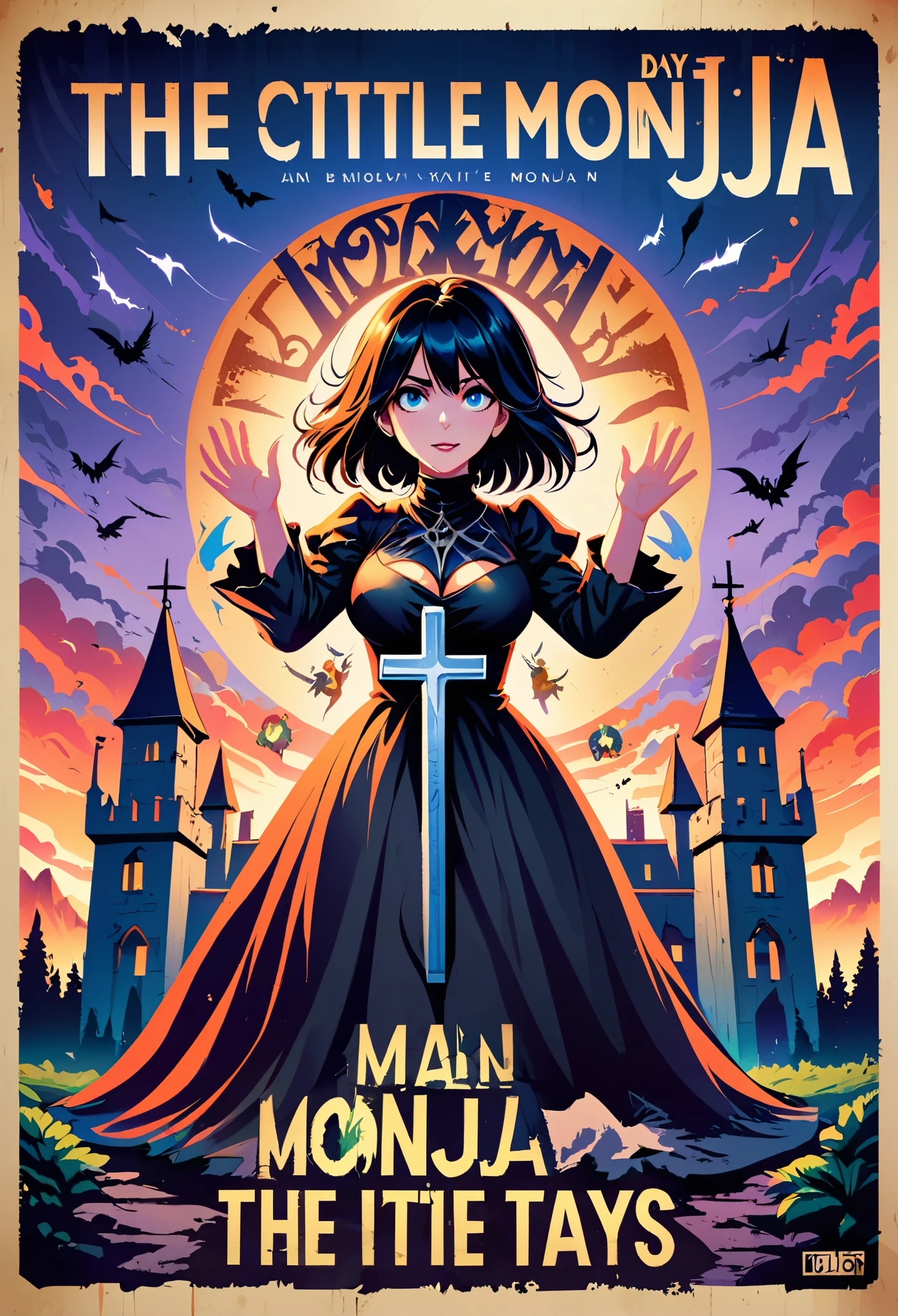 a poster of a monja holding a cross in her hands, an evil monja, monja, magia, cartel oficial, horror movie poster,(The title says "monja":1.7),movie nine, Cartel de terror, Gavin Nolan, movie poster with no text, Cleland films, magia style, horror movie poster, movie poster, Autor：Juan rojo, horror movie poster style，(dark fantasy), (Super wide angle moonlight), Gothic castle front, Skeleton monja (baja tu cabeza, Wearing a tattered monja outfit，ojos verdes, boca abierta) , Concepto de arte digital, negro y gris, (Obra maestra, mejor calidad, ultra high definition, Muy detallado, movie lighting), Gothic