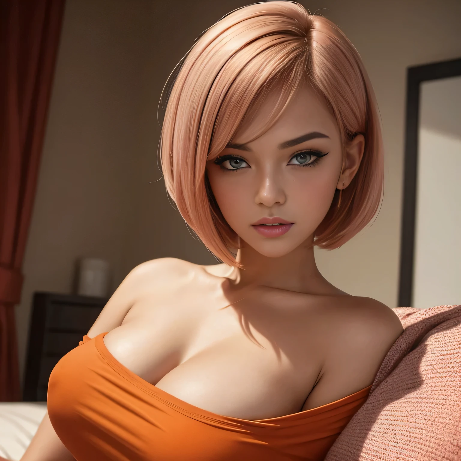 Amazing portrait of a sexy woman with a beautiful face and a short bob hairstyle with a seductive gaze and blushing intensely with her parted lips being desperate and flustered and lustful wearing an orange t shirt on bed