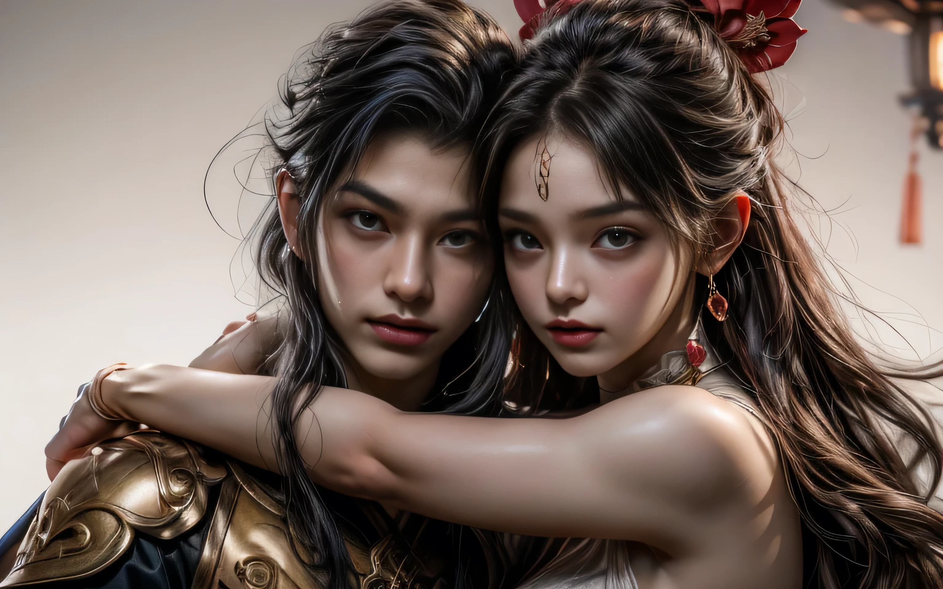 arafed image of a couple of man and woman hugging each other in Peach Garden in wedding clothes, Peach Garden detailed background, xianxia fantasy, jingna zhang, game cg, wuxia, inspired by Chen Yifei, xianxia, xianxia hero, 2.5 d cgi anime fantasy artwork, heise jinyao, chinese fantasy, beautiful render of tang dynasty, heise-lian yan fang, 8k character details, high quality anime art, high quality illustration, detailed anime wallpapers, detailed anime art, hyper-realistic, elegant, high quality realistic anime art, ((Precisely drawn eyes))[Perfect eyes detailed((Beautiful eyes like jewels) drawn in precise detail)[clearly drawn pupils]],[eyes light[Pinpoint lighting for the eyes]],[long and beautiful eyelashes],[precisely drawn hair [Beautiful and lustrous hair detailed]], (Perfectly hand detailed [Beautiful fingers with no damage [beautiful nails]]),(perfect anatomy(perfectly balanced proportions))[[full body portrait]],[ideal color coordination(Accurate simulation of light and material interactions)],([Precision Detail](detailed,高fine)),[Visual art that tells a story],((highest quality)fine[[High density drawing]])(4K Quality)