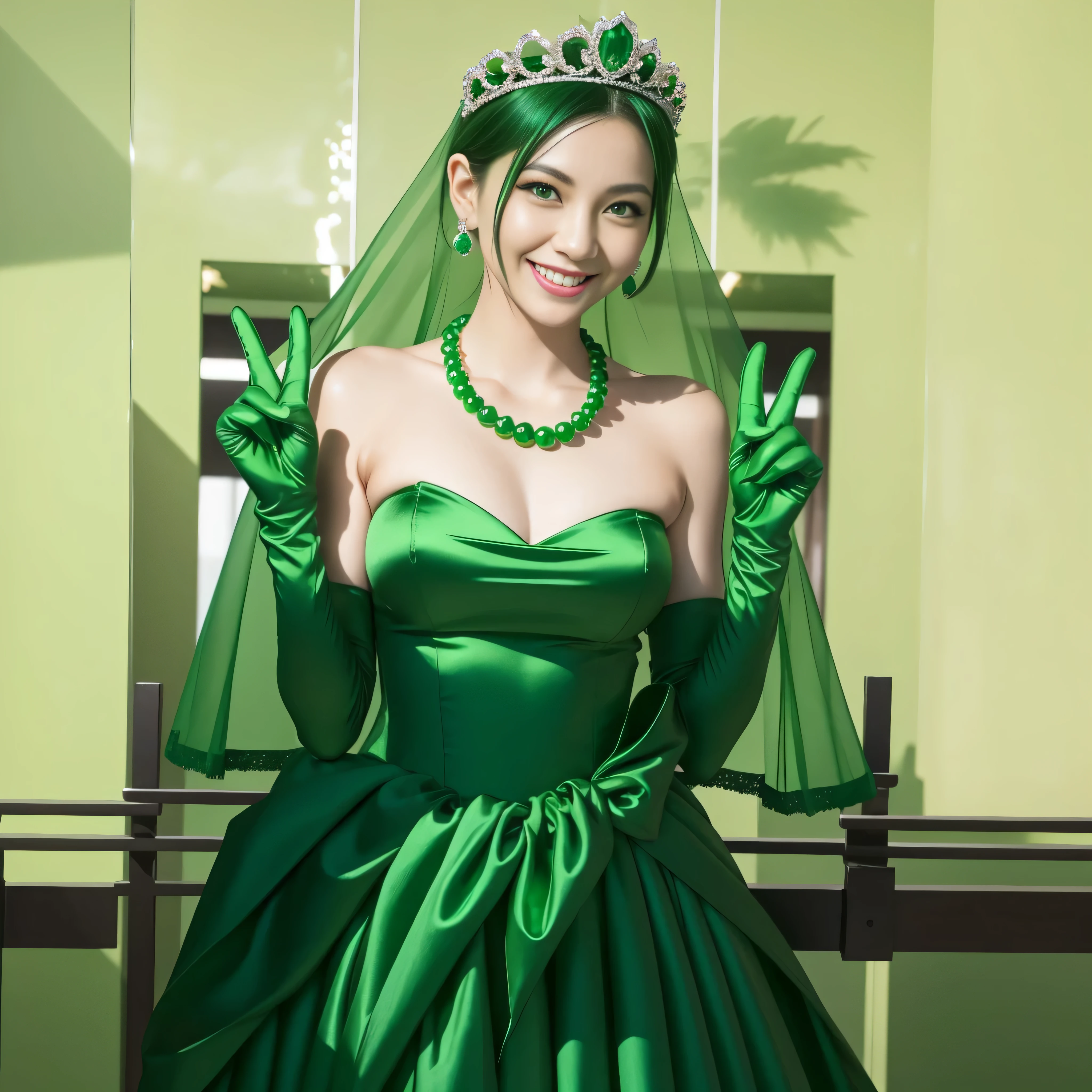 Emerald tiara, Green Pearl Necklace, Boyish very short green hair, lipstick, Smiling Japanese woman, Very short hair, Big tits beautiful, Green Eyes, Long green satin gloves, Green Eyes, v sign, Emerald Earrings, Green Veil
