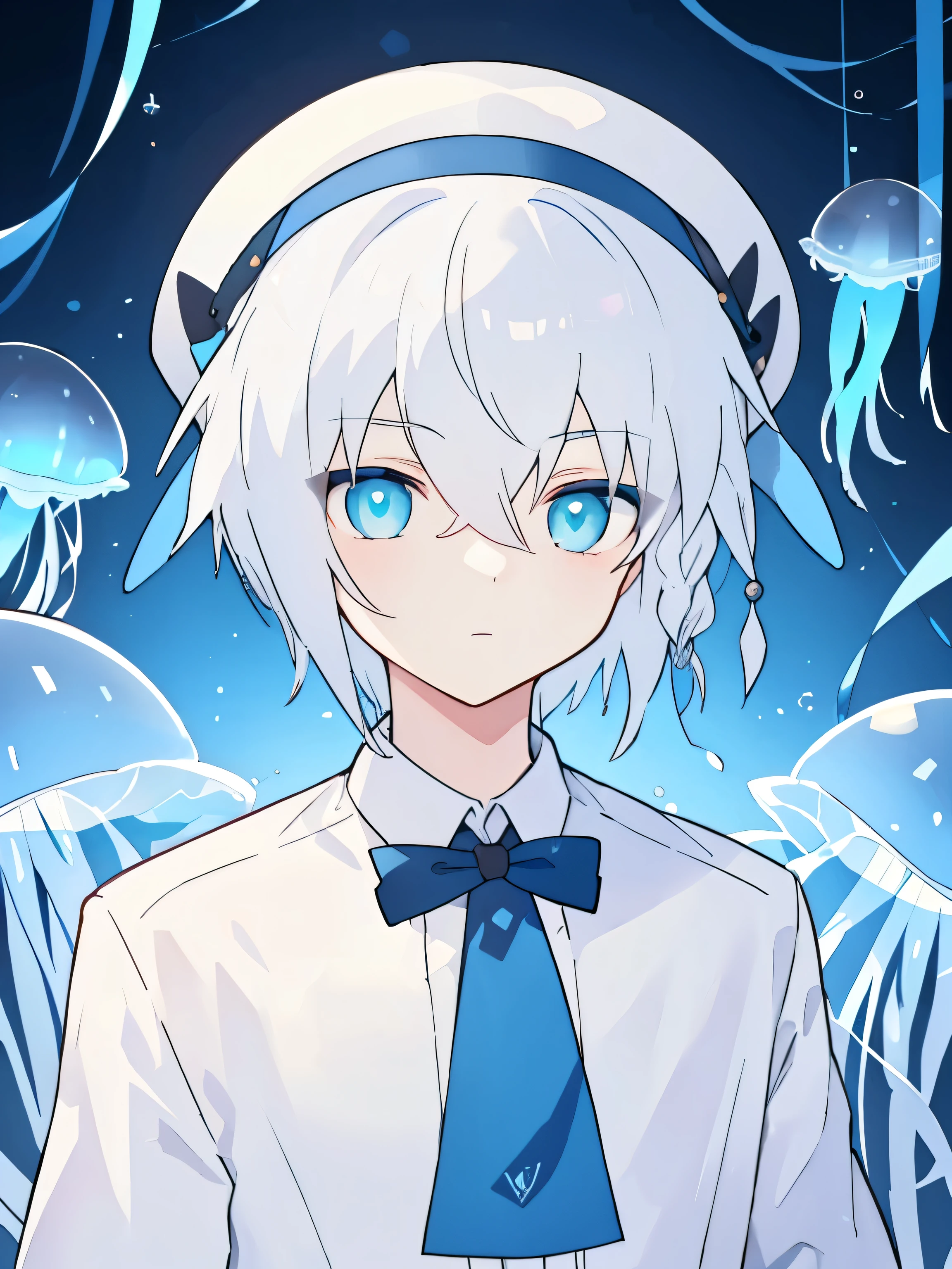 (high quality, thrilling),(expressive eyes, perfect face), (white hair), ((1 boy)), male, alone, short,  boy, (wearing a blue shirt), (wearing a jellyfish hat), The background is an aquarium