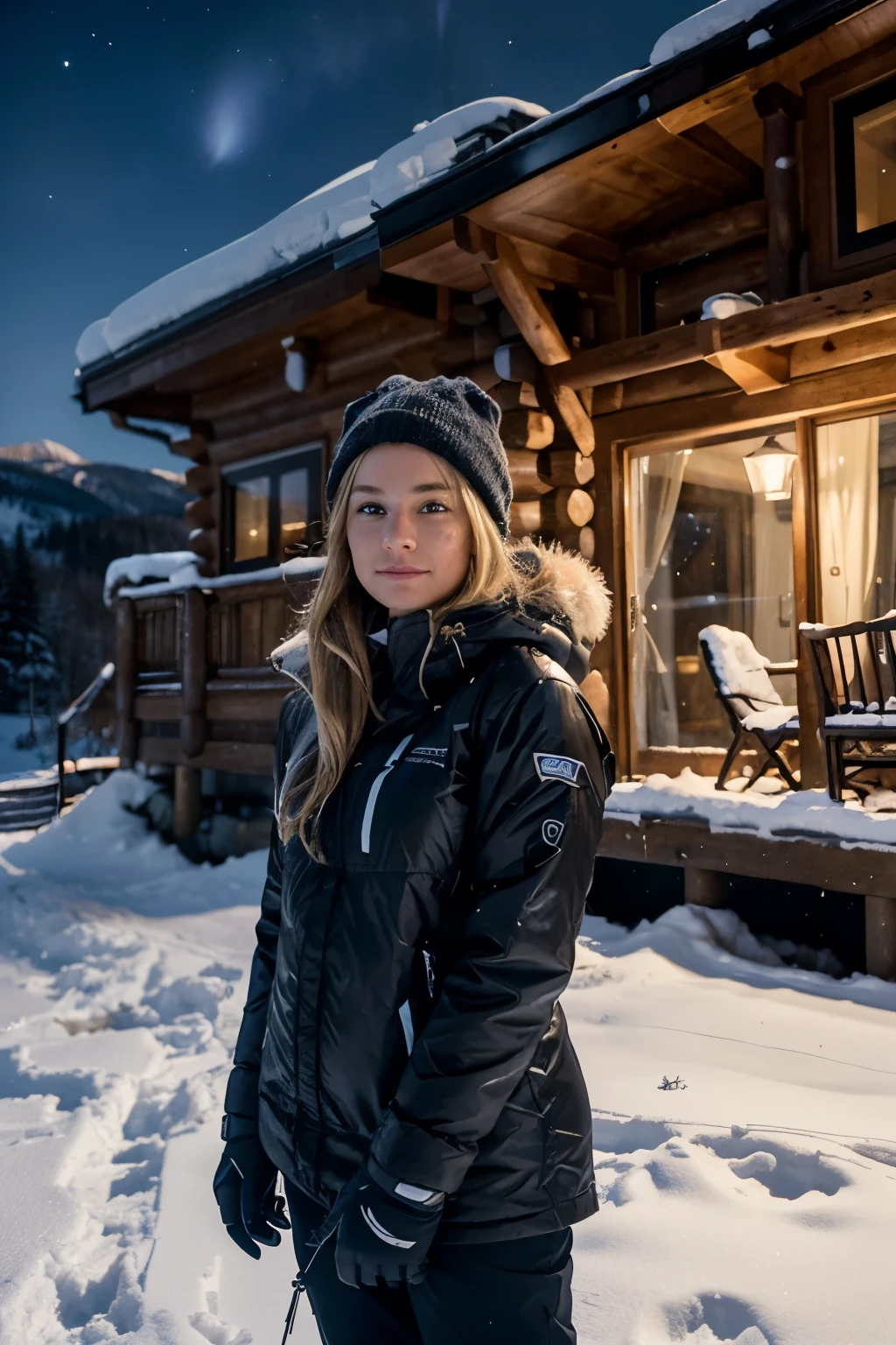 In the scene, a 23-year-old woman shows an expression of suppressed excitement as she stands in front of her cozy mountain cabin after an exciting day of skiing. With the night air enveloping her and the stars shining in the dark sky, she is wearing her ski gear, ready to rest after an action-packed day. Her blonde hair is slightly tousled by the cool mountain wind, adding a touch of naturalness to her appearance. Although she doesn't smile openly, her eyes reflect the excitement and satisfaction of a day well enjoyed on the slopes. She wears a sporty outfit that combines functionality with style, highlighting her athletic figure and her love for outdoor activity. The cabin, illuminated by warm light from the inside, provides a cozy refuge in the darkness of the night. The snowy landscape around it is majestic, with snow-capped mountains and trees standing in silhouette against the starry sky. The image, captured in ultra-realistic quality in 8k HD, highlights every detail of the cabin and the young skier, capturing the tranquility of the night and the satisfaction of a day well lived. It is a scene that evokes a feeling of peace and serenity, and that transports the viewer to a world of calm and beauty under the starry canopy of the mountain.