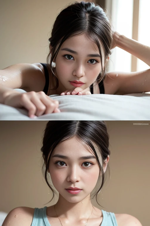 (((The best super impression、super best quality、32k、Highly detailed CG Unity 32K wallpaper、ticker、Raw photo 1.3、very noisy image、Very noisy image quality、Photoreal 1.4、Highest quality 1.3、Super detailed 1.2, fine details, High resolution, wall , perfect dynamic composition, masterpiece, surreal, 32K, real human being、)))、solo、sleep on your back、arms behind head、bed、messy hair、flushed cheeks: 2、Dreamy wet eyes、Watery eye、The mesmerizing gaze that stares at my favorite V-neck tank top, I love you so much that I tremble, I want to kiss you.、
