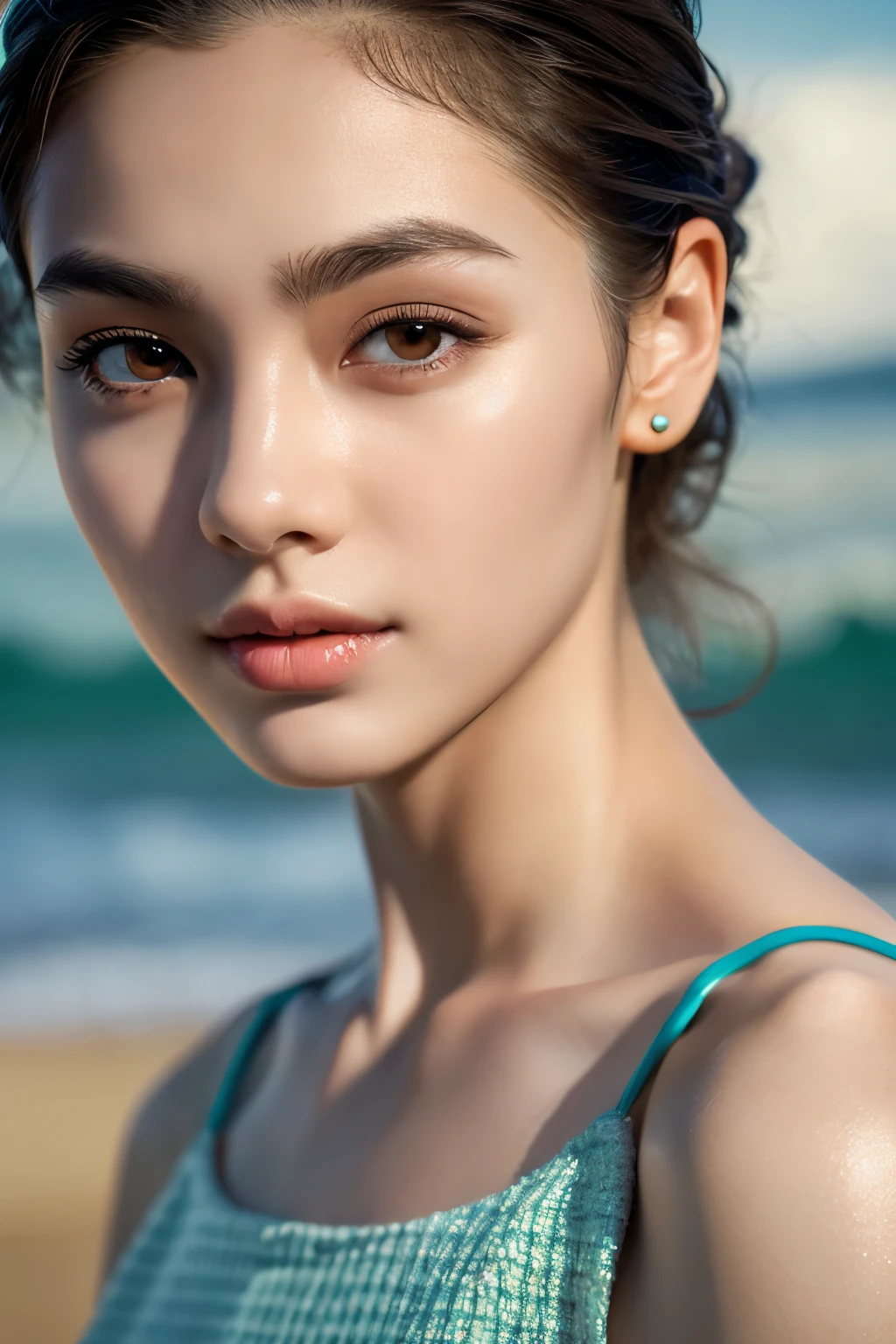 Rssian lady, Photorealsitic, Detailed skin, Detailed lips, Detailed eyebrows, depth of fields, ccurate, Super Detail, Best Quality, hight resolution, Anatomically correct, Textured skin, high details, High quality, tanktop, full body, ocean