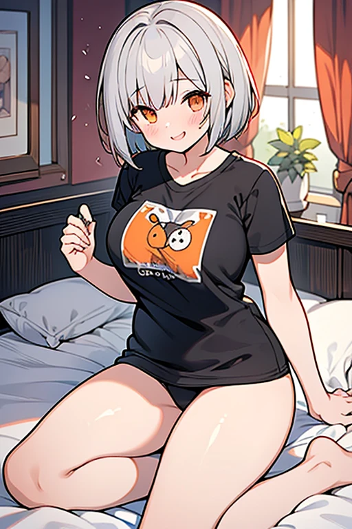 girl、high school student、Gray Hair、Short Hair、Bob、Orange Eyes、Thick thighs、（（G-Cup））、Make your breasts bigger、smile、teasing、（（highest quality））、Anime Style、Bedroom、Loungewear、T-Shirts、Black underwear