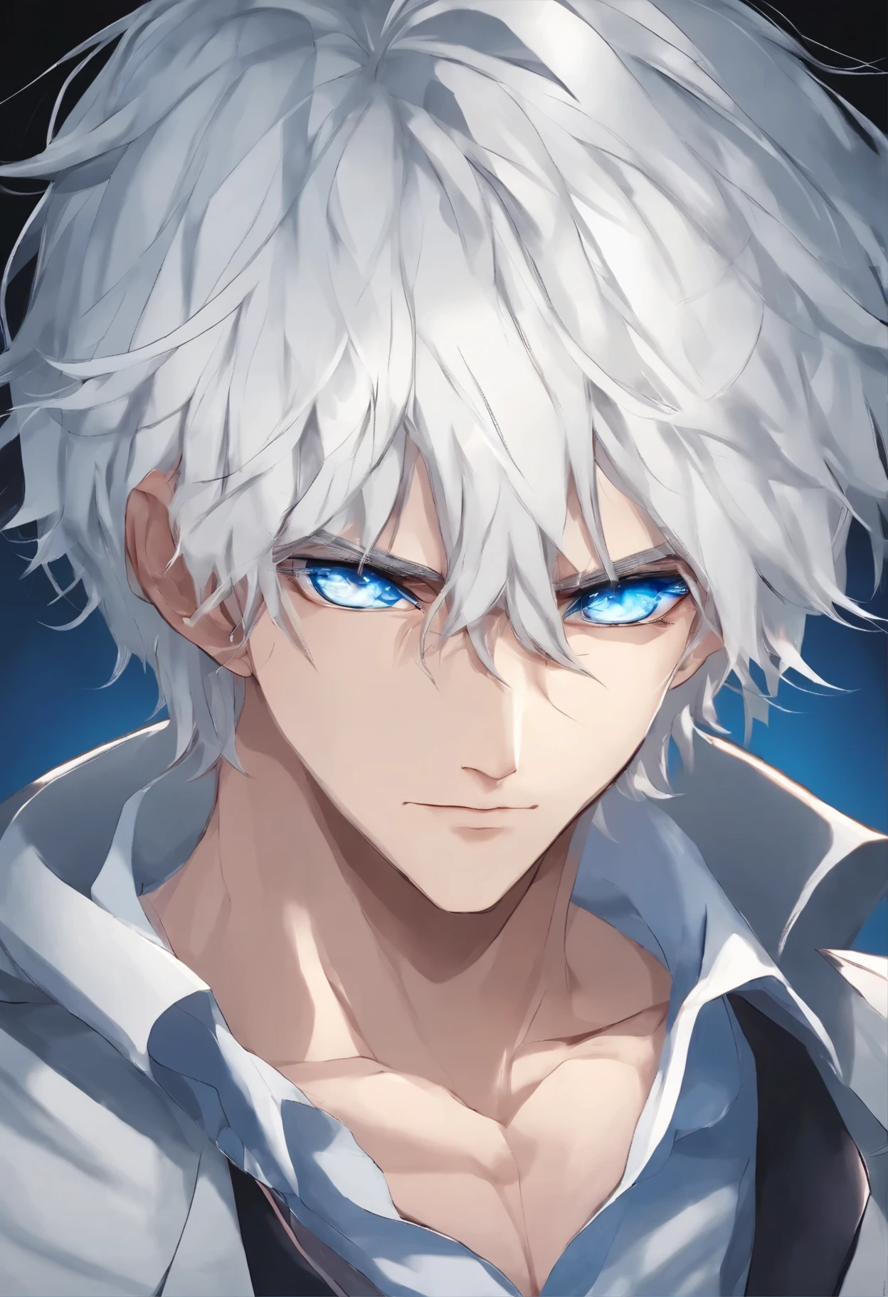 Masterpiece, anime illustration 3d, a man, short cool white hairdown and blue eyes, cool white eyebrow, cool expression