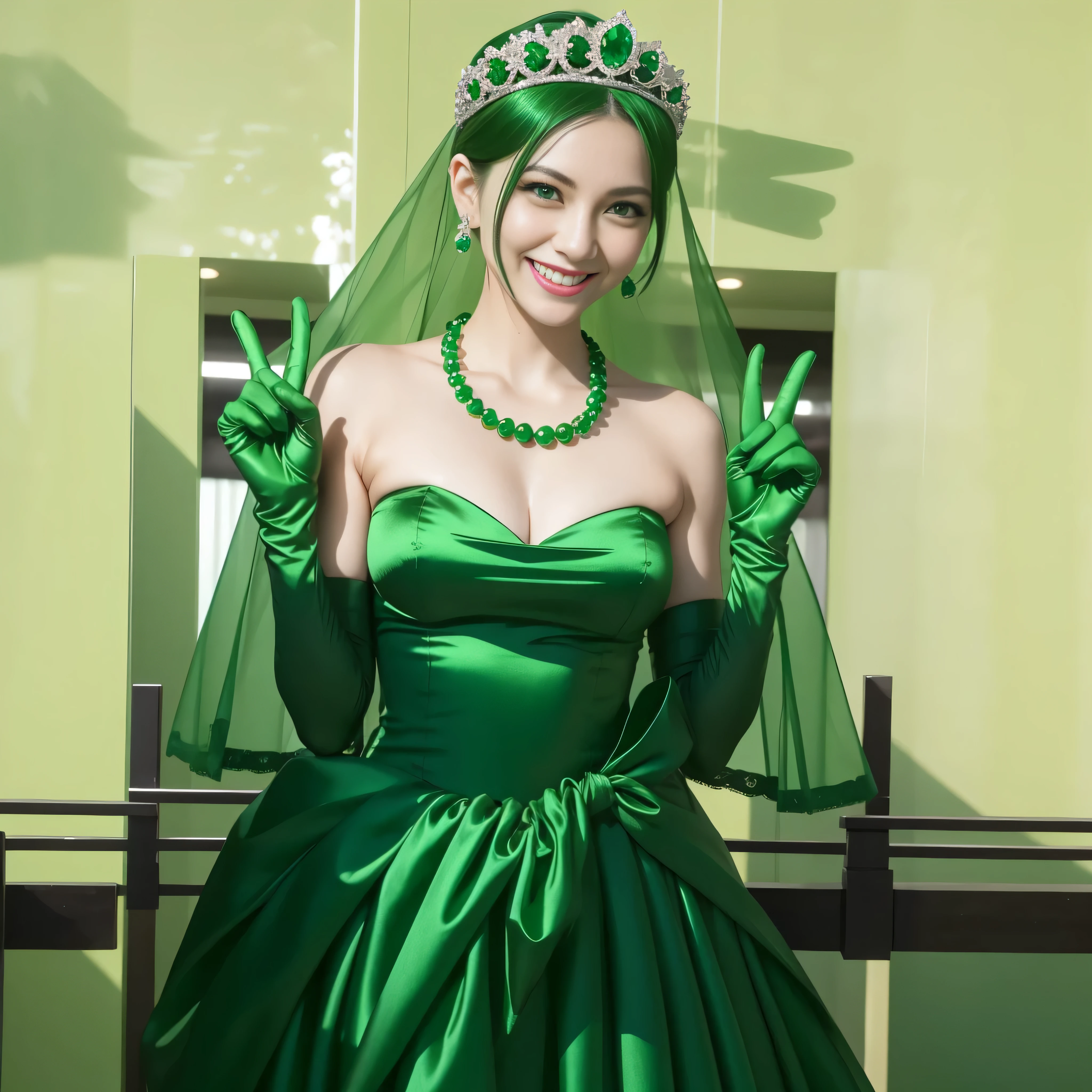Emerald tiara, Green Pearl Necklace, Boyish very short green hair, lipstick, Smiling Japanese woman, Very short hair, Big tits beautiful, Green Eyes, Long green satin gloves, Green Eyes, v sign, Emerald Earrings, Green Veil
