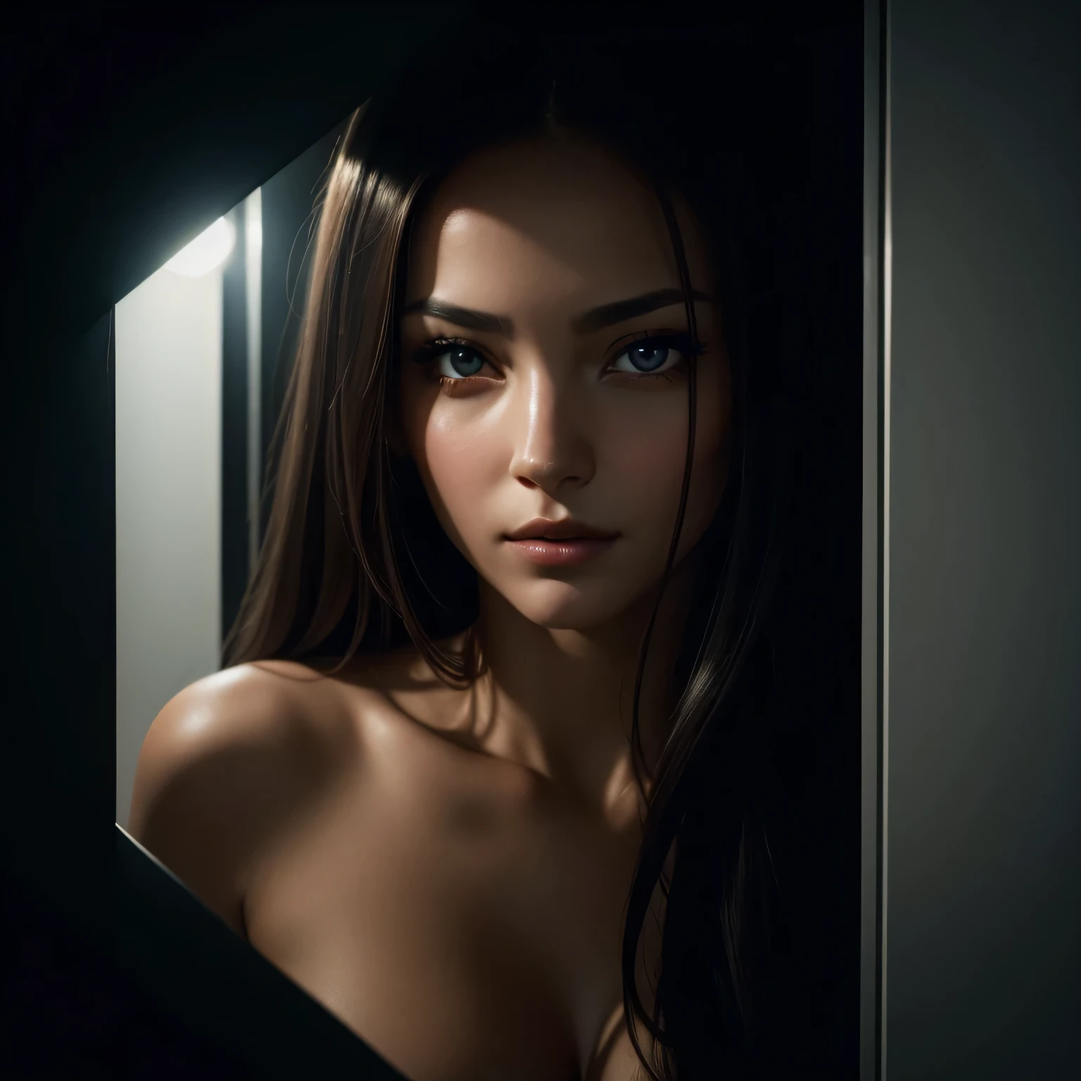 Amazing portrait of a close up shot of a seductive and alluring woman with a beautiful face who is stealthily concealed in a confined closet with the viewer evoking a sense of danger and secrecy illuminated by a tantalizing sliver of light seeping through a narrow gap.