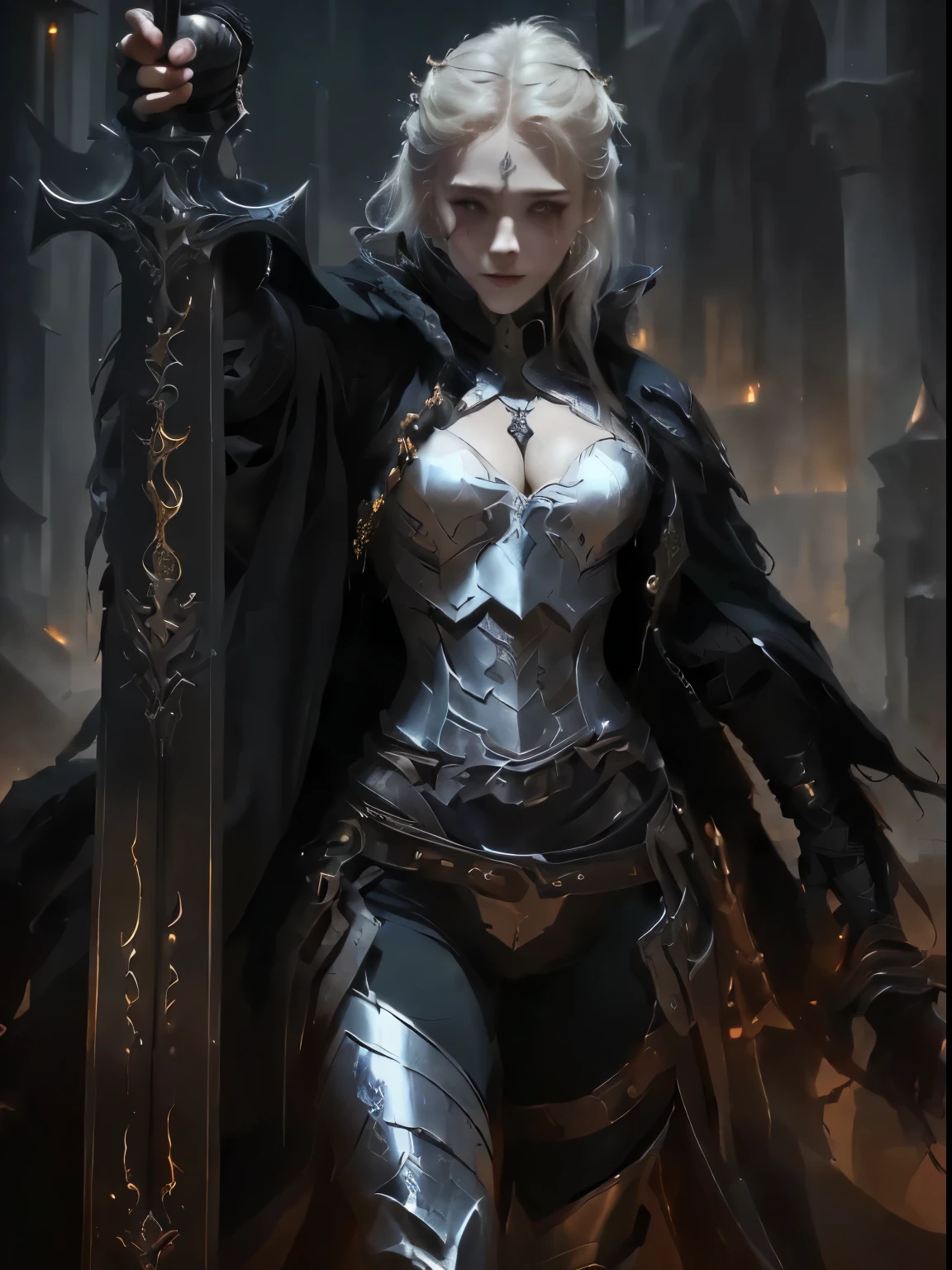 (8K wallpaper, masterpiece、top-quality、top-quality、Detailed and complex、official art、aesthetically pleasing:1.3)  (realistic art:1.3)、mujer rubia con armadura sosteniendo una espada en una ciudad oscura, por Yang J., dark fantasy style art, sartén chengwei en artstation, Exquisite and epic character art., de una hermosa mujer caballero, alexandra fomina art station, dark fantasy character design, wlop ross dibuja, wojtek fus, dark fantasy art, mujer guerrera vampiro, guweiz en artstation pixiv