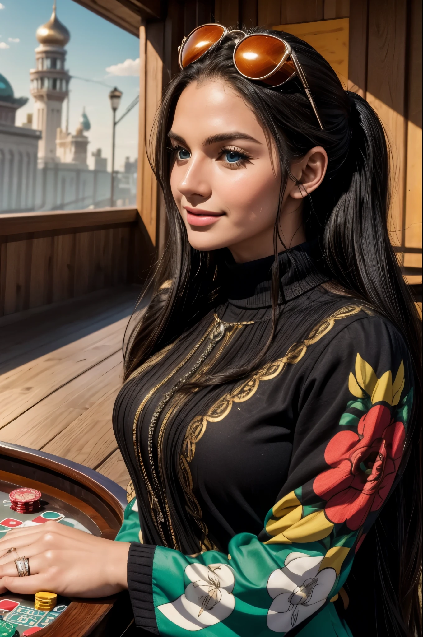 masterpiece, best quality, extremely detailed, hyperrealistic:1.1, photorealistic, a beautiful 20s russian model, ultra detailed face:1.1, twintails:1.1, black hair, black long sleeve shirt, sunglasses on head:1.1, casino:1.2, slot machines, roulette table, chips piled up on the table, sitting, smiling:1.1