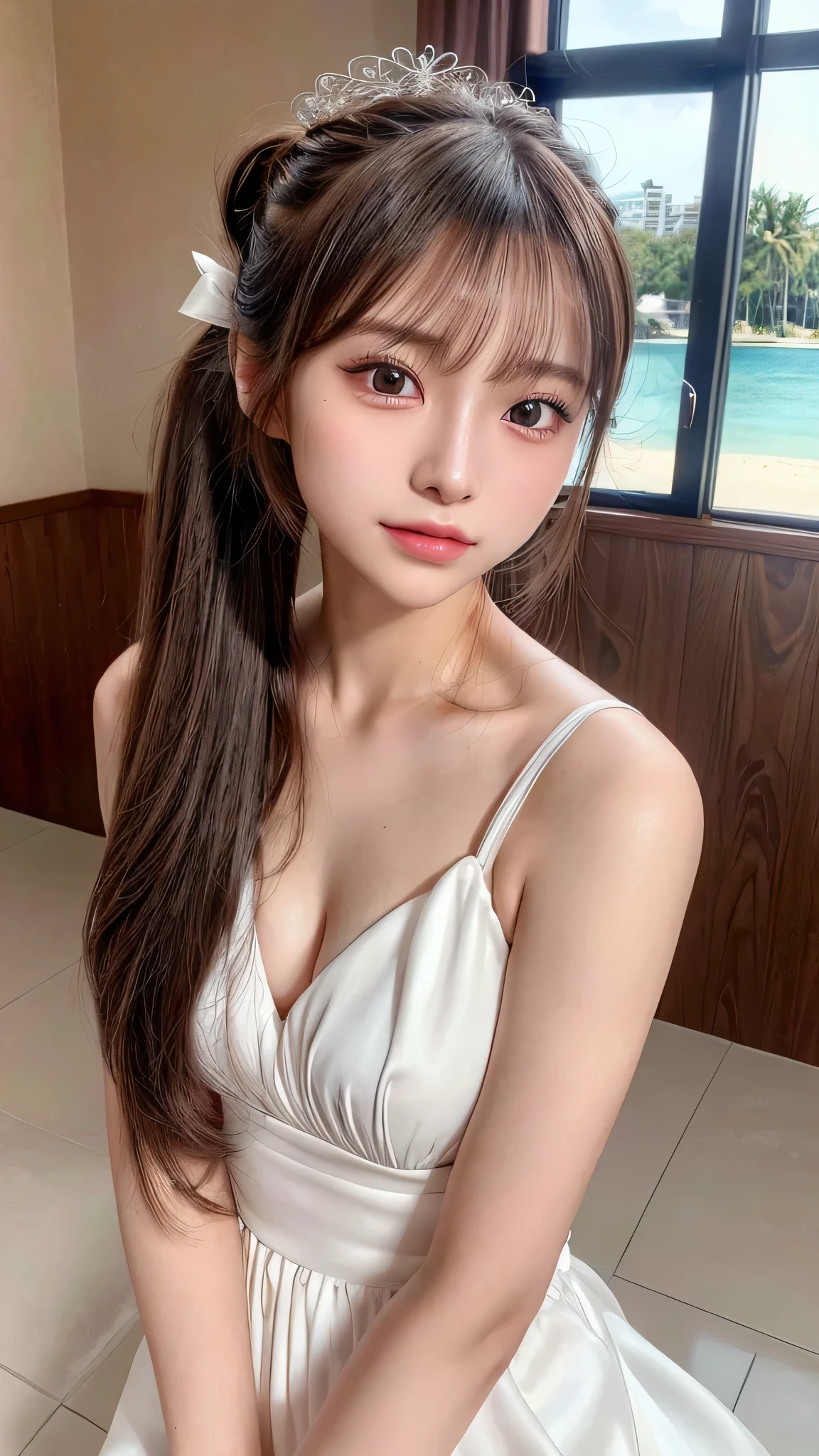 Wedding dress,tiara,Beach,resort,Sexy White Bikini,Blushing,Facing forward,Close-up of face,Small breasts,,Long hair ponytail,((8K, Raw photo, Best Quality, Mastepiece:1.2), (Realism, Photorealistic:1.4), (Highly detailed 8K wallpapers), Depth of written boundary, Cinematic Lighting, Soft Light, Detailed Beauty Eye,Shiny and smooth light brown ponytail, Asymmetrical bangs, Shiny skin, Ultra-detailed skins ,It is high resolution., High detail, Detailed hairstyle, Detailed facial beauty, Hyper-realistic, Perfect limbs, Perfect Anatomy ,1 Japanese girl,Famous Japanese Idols, Perfect female body,A shy smile,Short eyelashes,Double-edged eyelids,Look straight here,Hair style: ponytail,Close-up of face