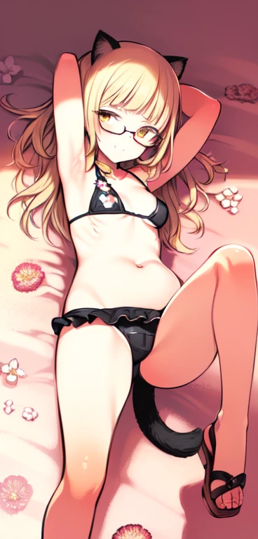 (8K, Best Quality, Ultra Detailliert, Highres, Absurdres, Perfect Anatomy:1.5, Masterpiece:1.5), (Strong Outline), ((1Girl)), (((perrine h. clostermann))), (((Yellow Eyes))), (((Black Glasses:1.3))), (((Long Long Hair:1.3, Bangs, Blust Bangs, Blonde Hair))), (((Black Cat Ears, Black Cat Tail))), (Slender Body, Dwarf:0.7), (((Small Breasts:1.2))), ((Big Hips:1.1)), (Smile:0.8), (Blush:0.8), (((Bikini, frills bikini, floral print))), (Sandals), ((Heart)), ((Sexy Pose, Bewitching Pose)), (Lying), (Arms Up), (Spread Leg), ((Cute Pose)), (Solo Focus), from Below, ((Posed Photo)), ((Wide-Angle Photo)), ((Simple BackGround, Simple Colour BackGround, Warm Colour BackGround)),