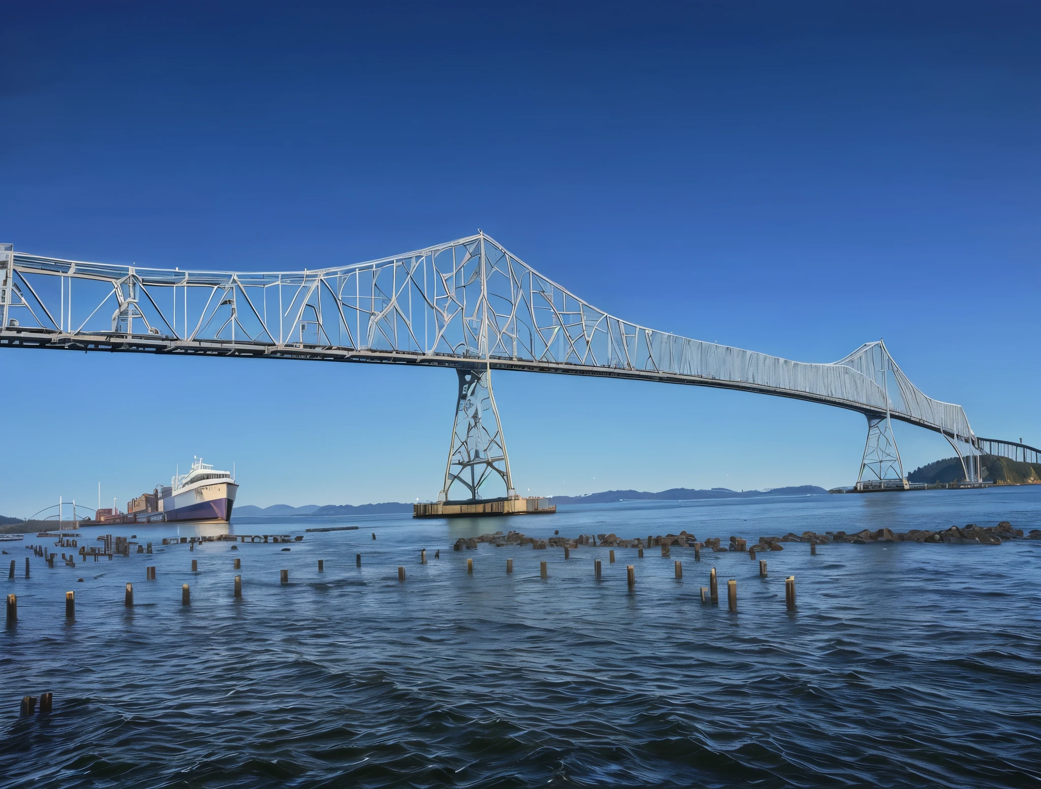 Astoria Oregon The Megler bridge spanning over the Columbia river with a boat in the distance, Sony FE, Ultra-Wide Angle, Hyperrealism, masterpiece, accurate, super detail, best quality, award winning, highres, 1080P, HD, 4K, 8k, 16k