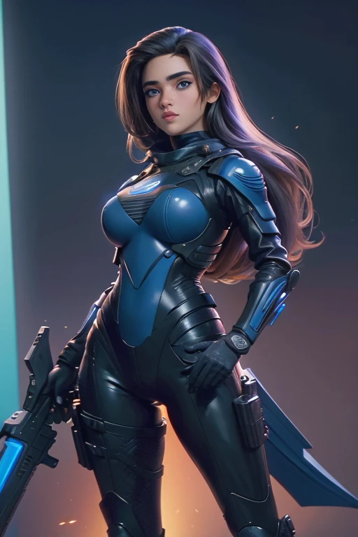 (traje cero:1), (zssamus:1), (mujer:1), ((blue eyes)), (Blue Sci-Fi Suit:1), (Traje azul:1.2), pelo rubio, cola de caballo larga, (tactical suit), (sosteniendo un Science fiction weapon), (Science fiction weapon), rasgos faciales caricaturescos, ojos grandes y redondos, flequillo de pelo, (realista:1.2),  (Obra maestra:1.2), (foto de cuerpo completo:1),(tiro de vaquero:1.2), light particles, Fondo espacial, neon lighting, dark romantic lighting, (Muy detallado:1.2),(cara detallada:1.2), (gradientes), vistoso, ojos detallados, (one person), (paisaje detallado:1.2), (natural lighting:1.2),(antecedentes detallados),paisaje detallado, (dynamic pose:1.2), plano general, solo,