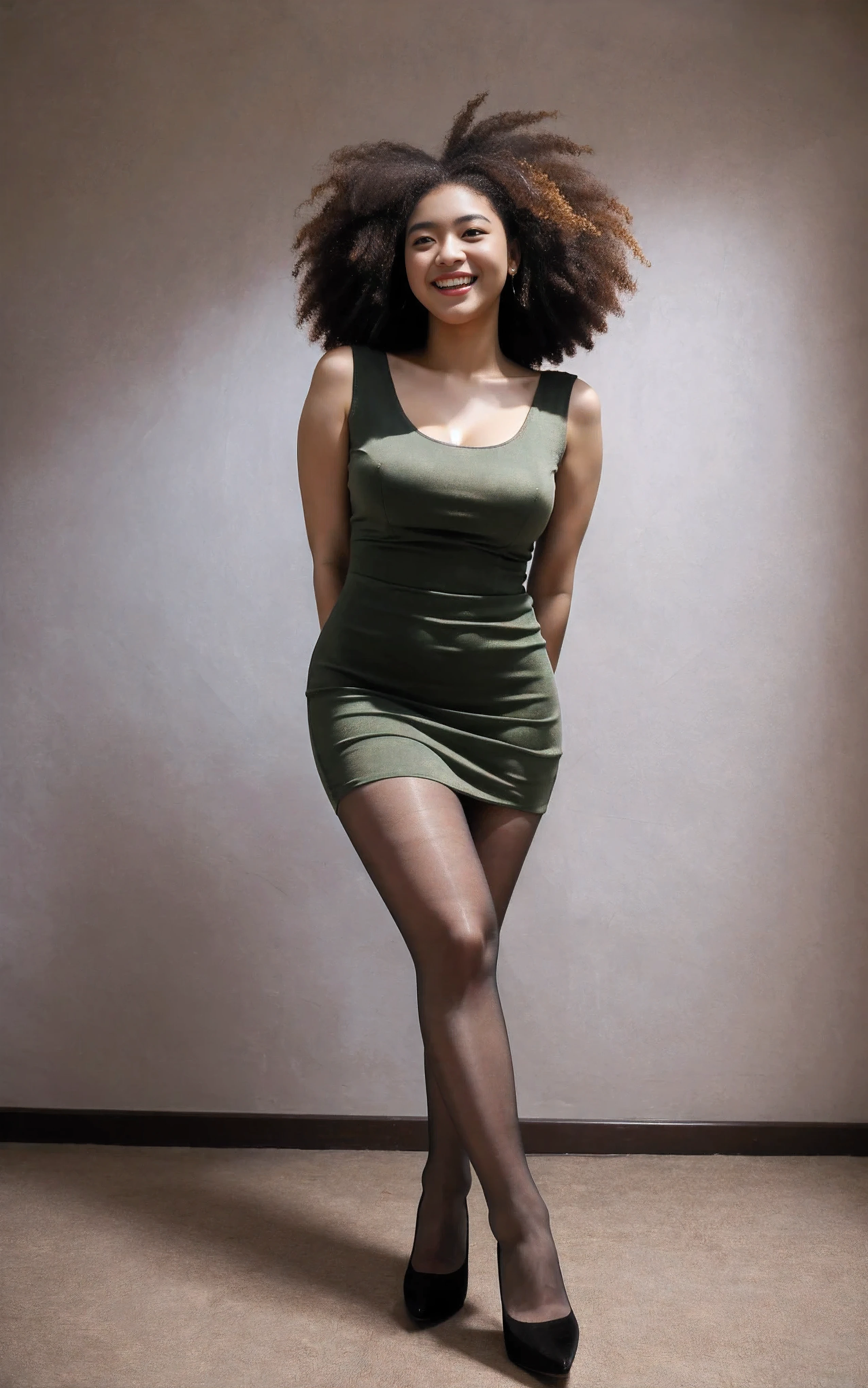 (full body), looking at the camera, facing forward, Stunning proportions, best quality, big fat legs, high heels, big and heavy set, plus-sized, fat woman, standing alone, arms behind back, big long legs, enormous legs, Plus size, Blasian, curly afro, sheer pantyhose, little black dress, big breasts, Low camera angle looking up at legs towering over you, legs a prominent feature, open legs, smiling, 16k resolution, highest quality, realistic, photo realistic, 16k