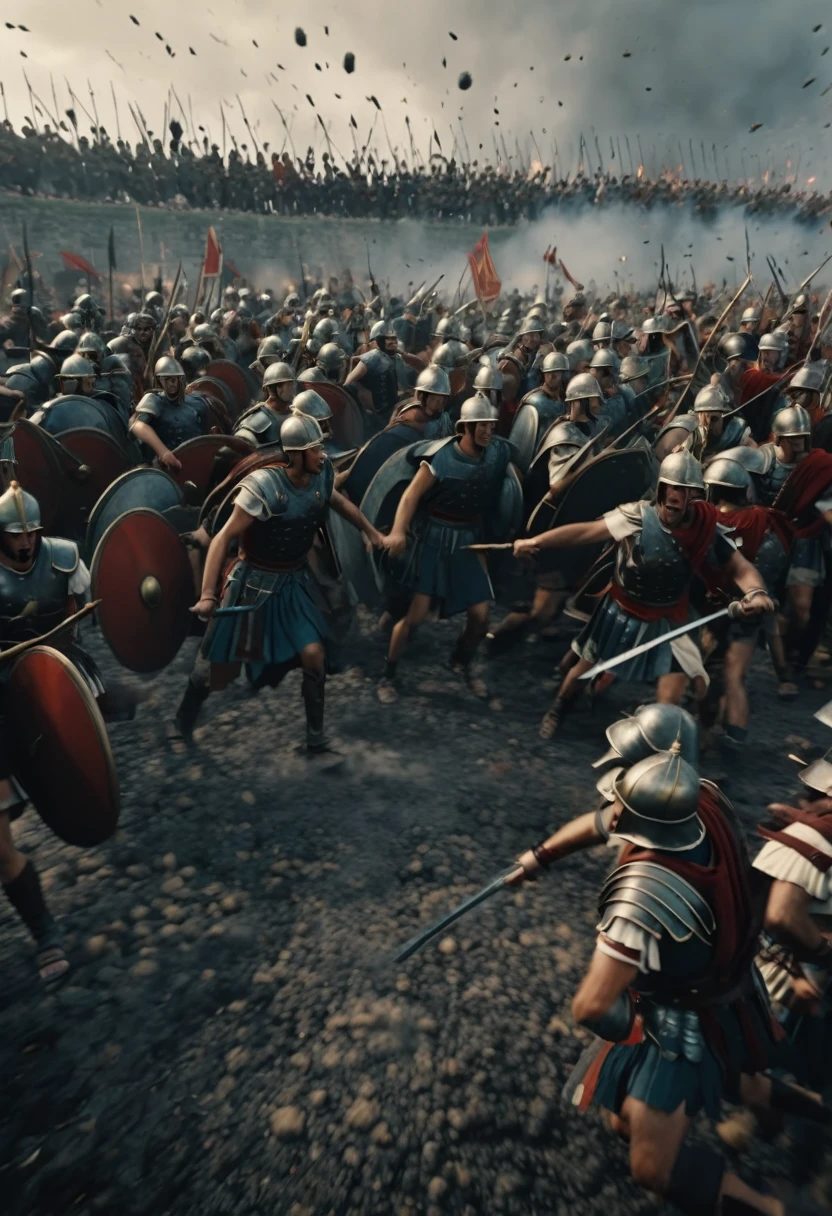 Image of battle between Roman troops, wearing Roman clothing, attacking each other, set on a terrible battlefield, with flying ash, 8k, cinematic