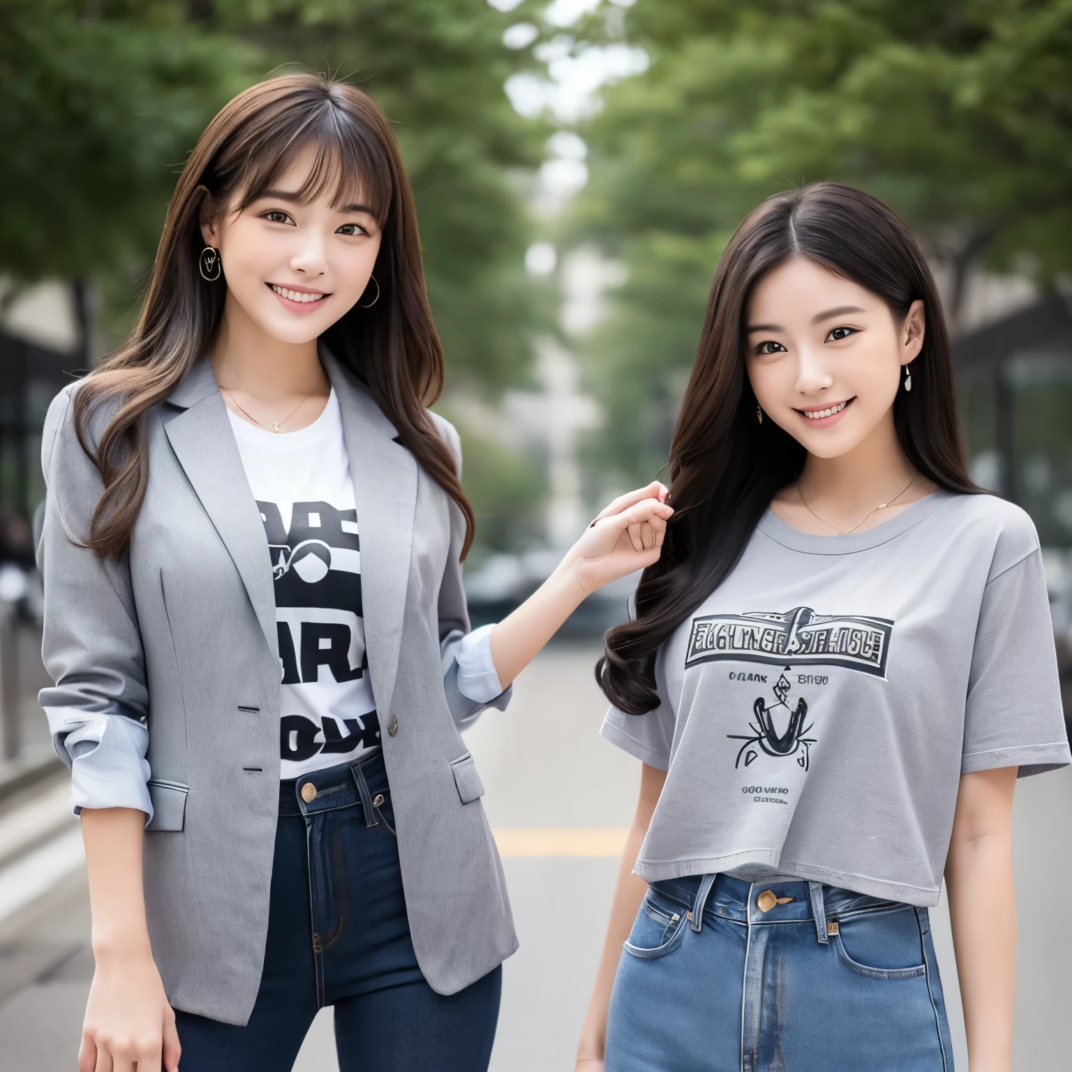 Two beautiful young women、Although they have different personalities, they are both beautiful.、Ideal proportions、(The one on the right is wearing a grey suit and tie.)、(The person on the left is wearing jeans, a T-shirt and a Sukajan jacket)、smile、They&#39;re talking、Stand-up microphone between two people、(They are standing on a small stage)