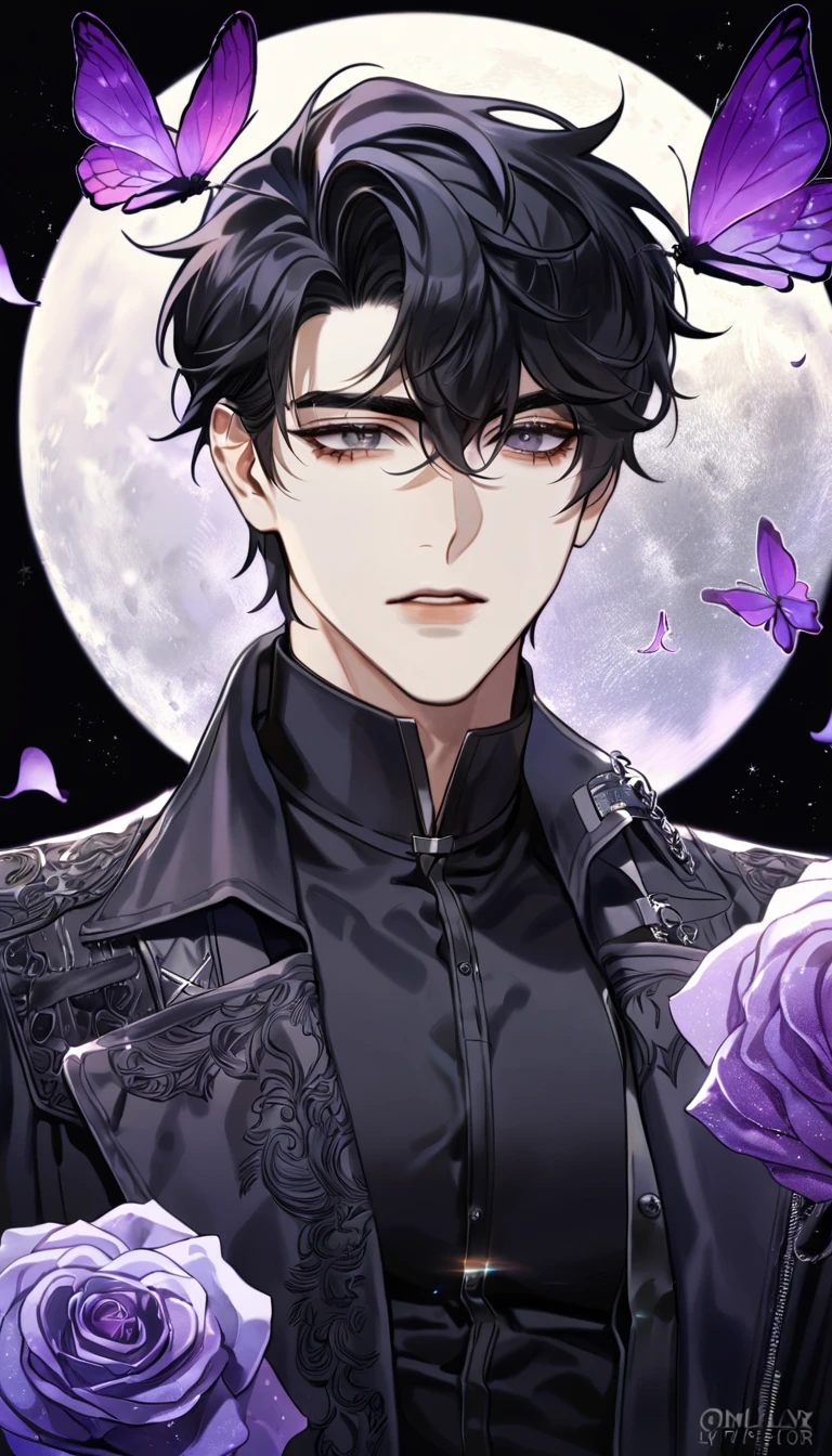(absurdres, highres, ultra detailed, HDR) master piece, best quality, perfect face, Yoo Joonghyuk, black hair, expressive gray eyes, Omniscient reader's viewpoint, solo, sexy man, handsome, black coat, black tight shirt, moon, purple flames, purple butterflies, purple roses, starry sky