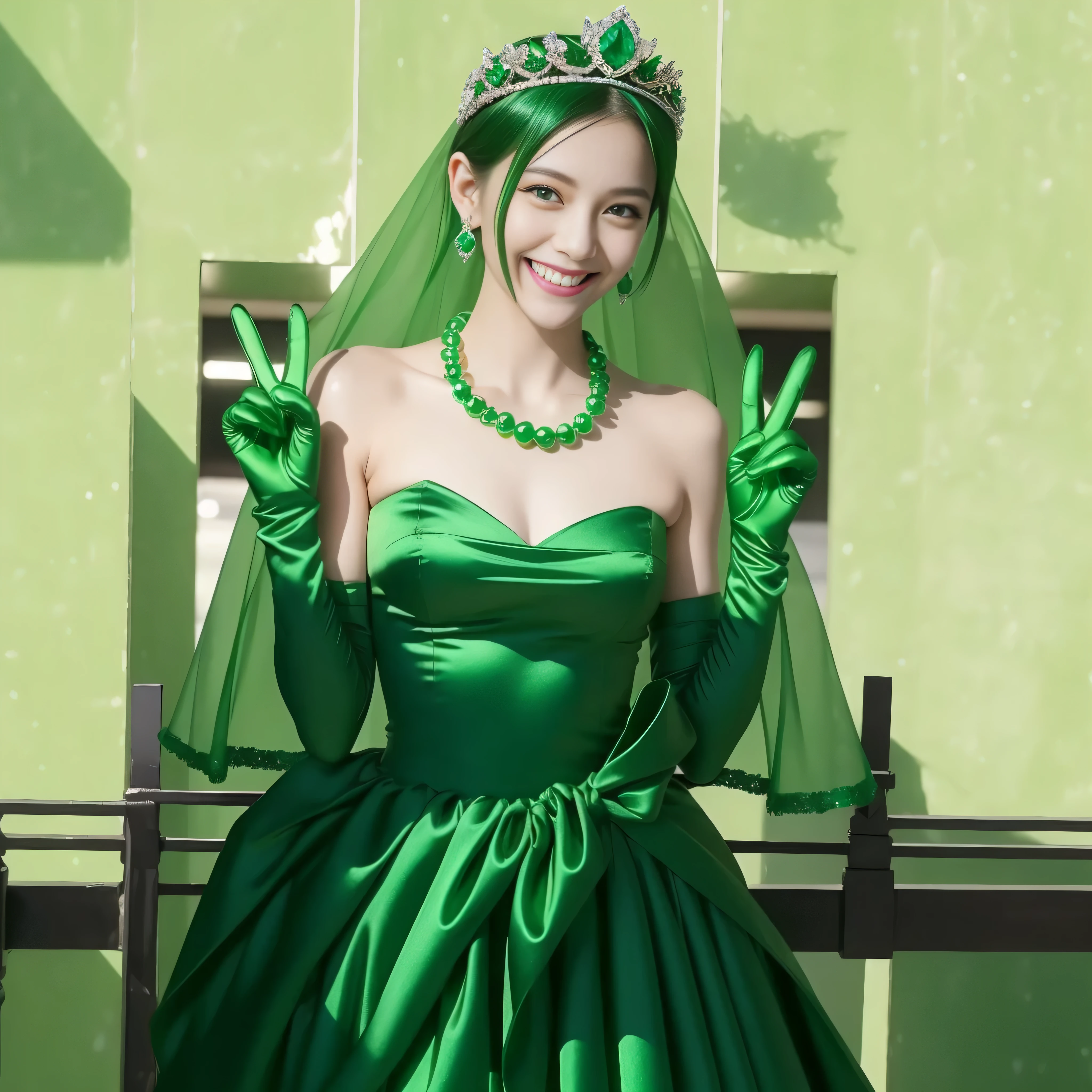 Emerald tiara, Green Pearl Necklace, Boyish very short green hair, lipstick, Smiling Japanese woman, Very short hair, Big tits beautiful, Green Eyes, Long green satin gloves, Green Eyes, v sign, Emerald Earrings, Green Veil