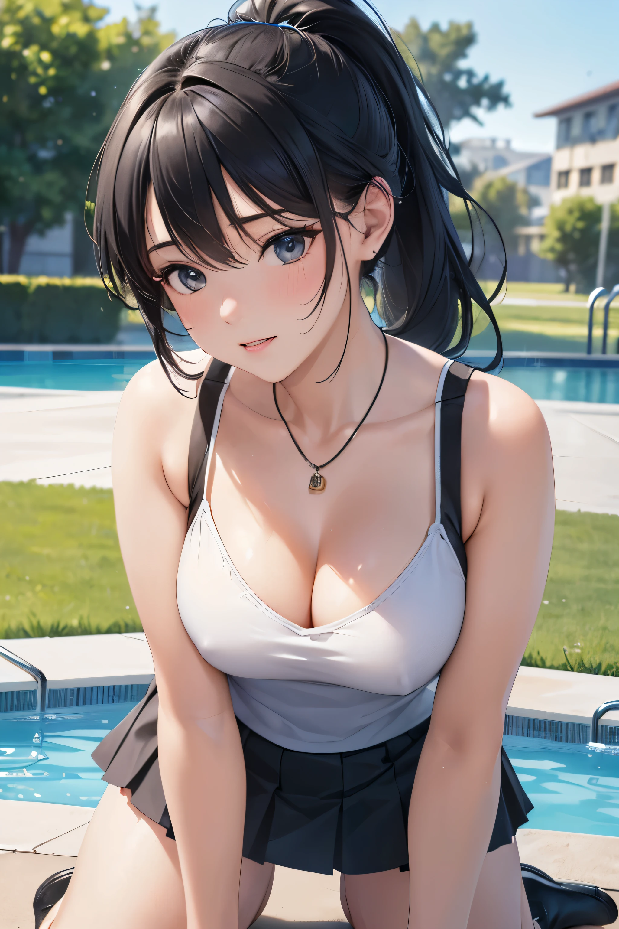 (best quality,4k,8k,highres,masterpiece:1.2),ultra-detailed,(realistic,photorealistic,photo-realistic:1.37),ponytail,black hair,high school girl,mini skirt,poolside, all fours,sunlight,bright colored clothes,slightly exposed necklin, White camisole、Bright blue miniskirt
