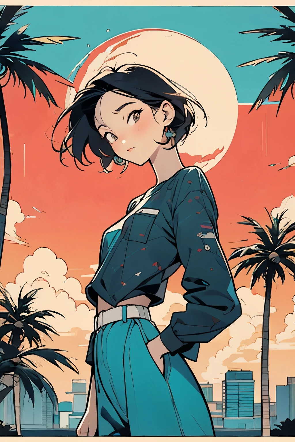 retro girl, Miami, sunset, Ferrari, palm tree, 90's, (flat colors, flat texture, lineart:1.2), graphical design, (heavy ink, ink blacks),