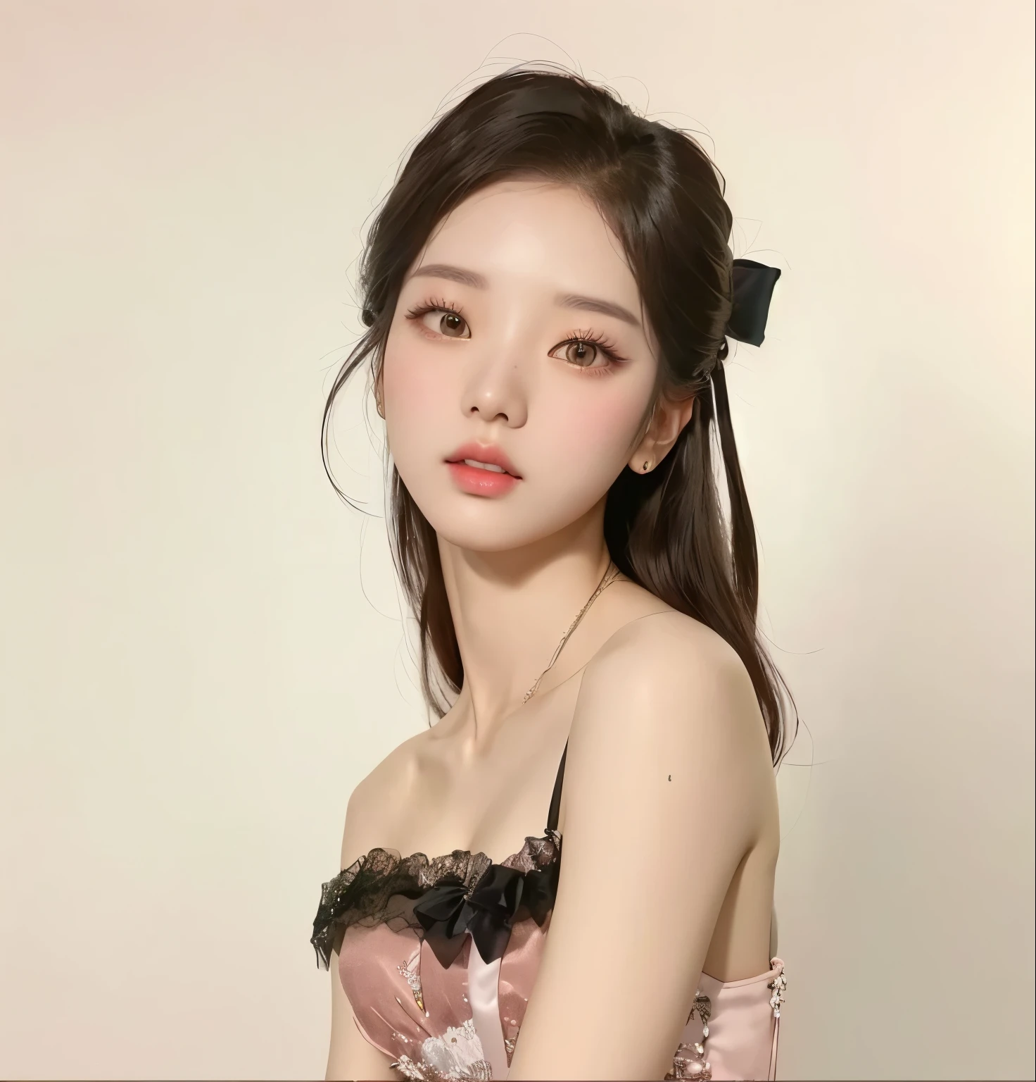 un primer plano de una mujer con un vestido rosa con un lazo negro, Jennie rosa negra, maquillaje popular de corea del sur, maquillaje coreano popular, hermosa joven coreana, Young cute pale asian face, hermosa joven coreana, hermosa mujer surcoreana, Yanjun Chengt, joven y adorable rostro coreano, preciosa modelo china, parque roseanne de blackpink, Xintong Chen, jaeyeon nam