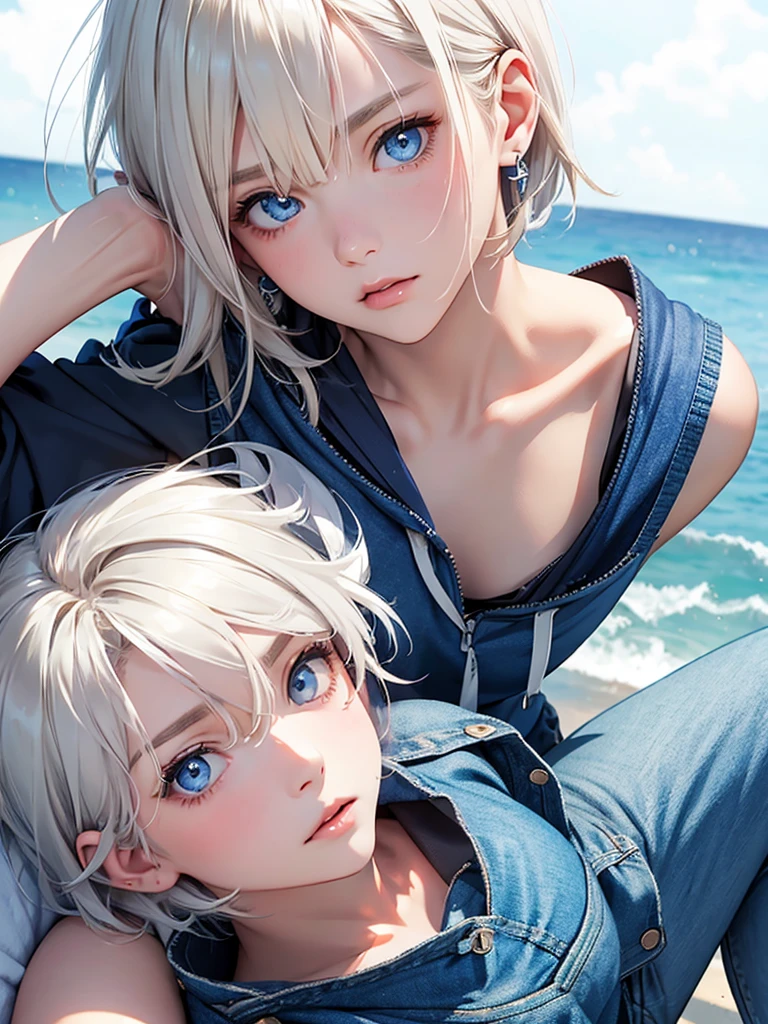 highest quality、Realistic、Women、Japanese、zoom、look up、cute、Ocean、Cobalt blue eyes、Platinum Blonde Hair、Short Hair、白いSleeveless hoodie、Denim pants、Face close-up、slender、Small breasts