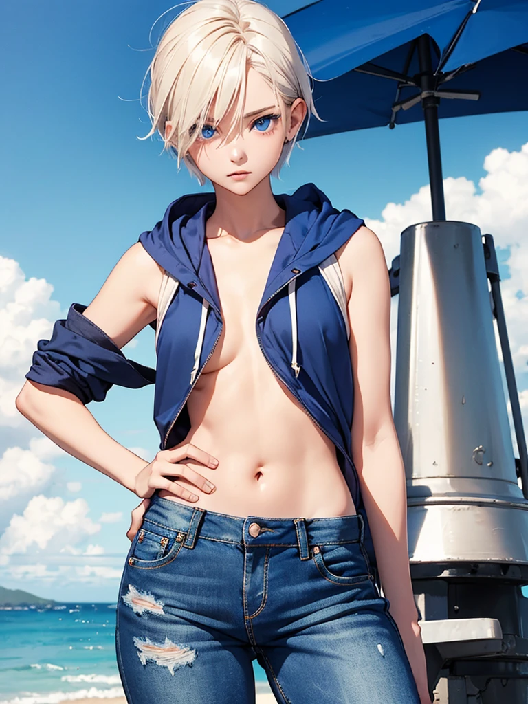 highest quality、Realistic、Women、Japanese、zoom、look up、cute、Ocean、Cobalt blue eyes、Platinum Blonde Hair、Short Hair、白いSleeveless hoodie、Denim pants、Face close-up、slender、Small breasts