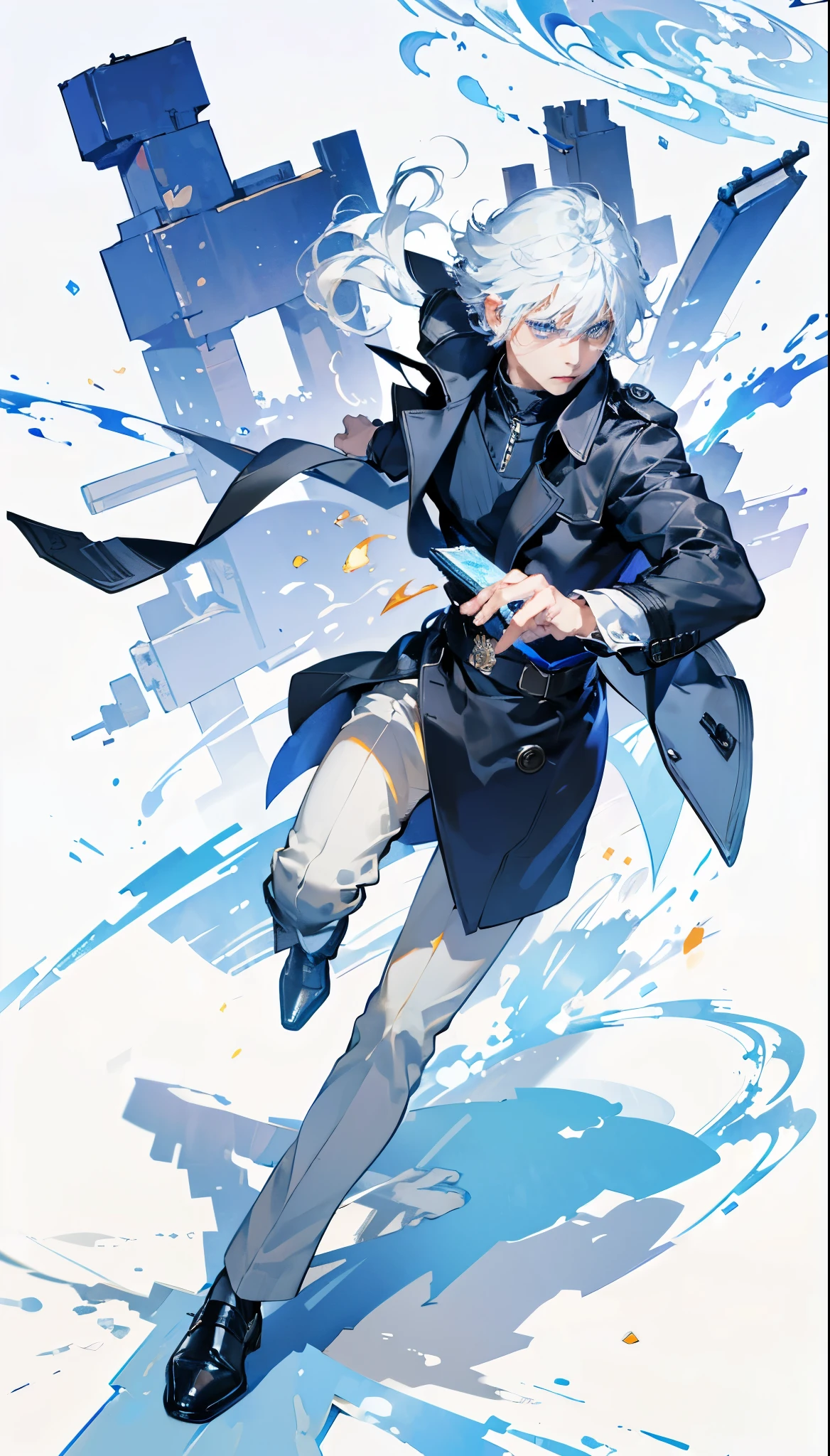 masterpiece, best quality, (Very detailed CG unified 8K wallpaper) (best quality), (Best Illustration), (Best shadows),Dynamic poses,单人close up镜头,man,White hairman,blue eyes,Blue pupils,close up,大头close up照片,Game poster,Half-length photo,美丽的man,Beautiful man,scholar,boy,White hair,short hair,白色short hair,Blue Eyes,big eyes,professor,teacher,Holding a book,Personable,Incredibly handsome,Handsome,Handsome,Trench coat,Coat, Super detailed --v6