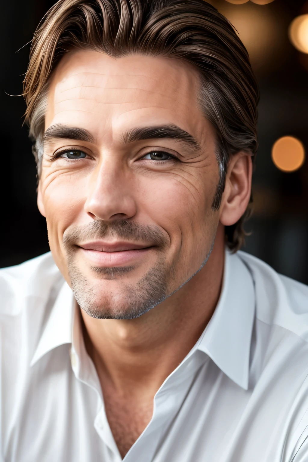 Ultrarealistic long full face and body image of a 43-year-old man, exuding an irresistible attractiveness with his lovingly handsome features. His deep hazel eyes, surrounded by long, black lashes, radiate an enchanting allure that captures anyone's attention. The hair on his head, with lighter shades gracefully framing his face, adds an air of sophistication and elegance. His full lips curve into a playful, ever-so-slightly scowling smile, hinting at both mystery and charm.
A subtle scattering of freckles across his nose and cheeks lends his appearance a fresh and natural air. His face