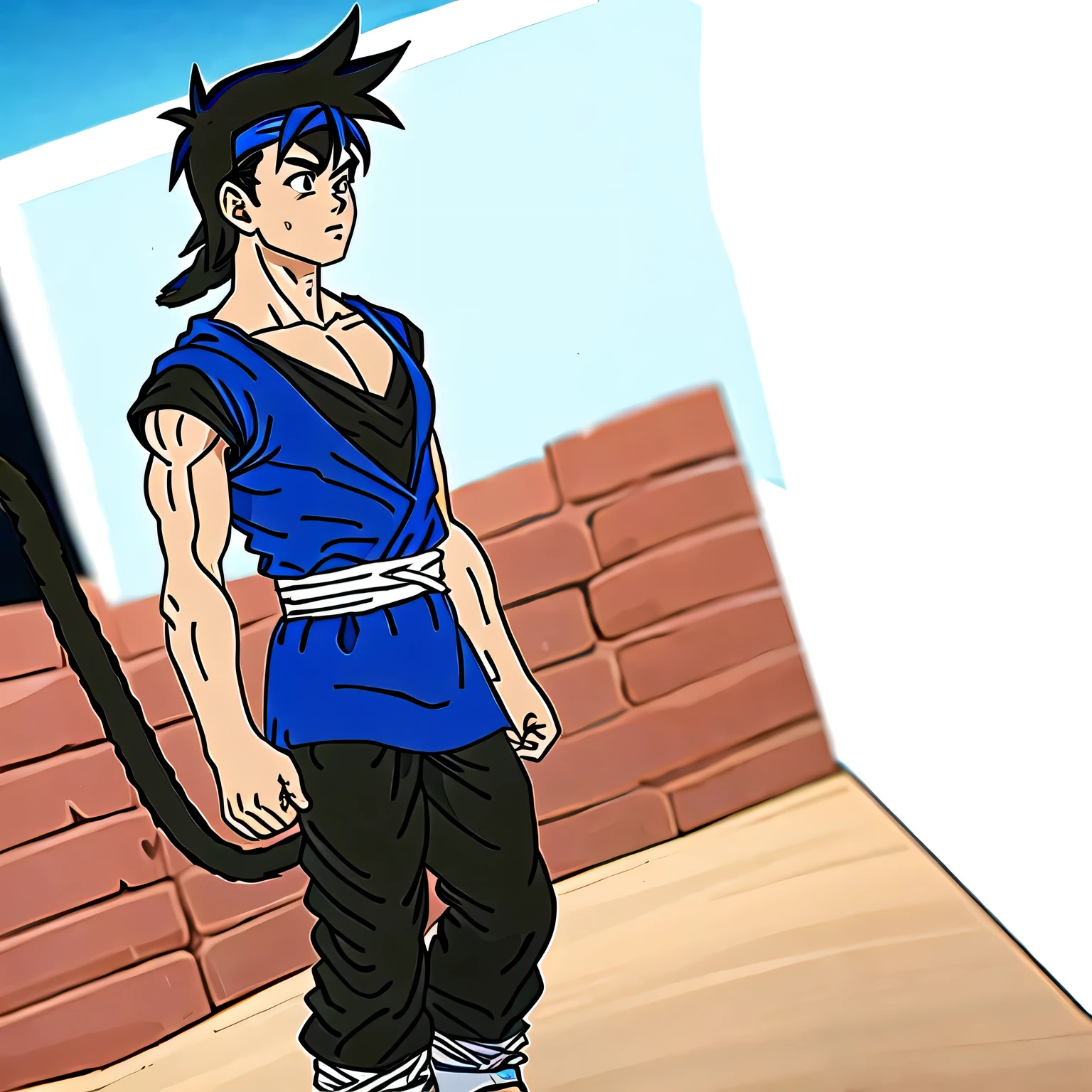 (masterpiece, best quality:1.2), 1boy, solo, blue and black shirt, black pants, blue headband, black hair, black eyes, monkey tail, Letuck