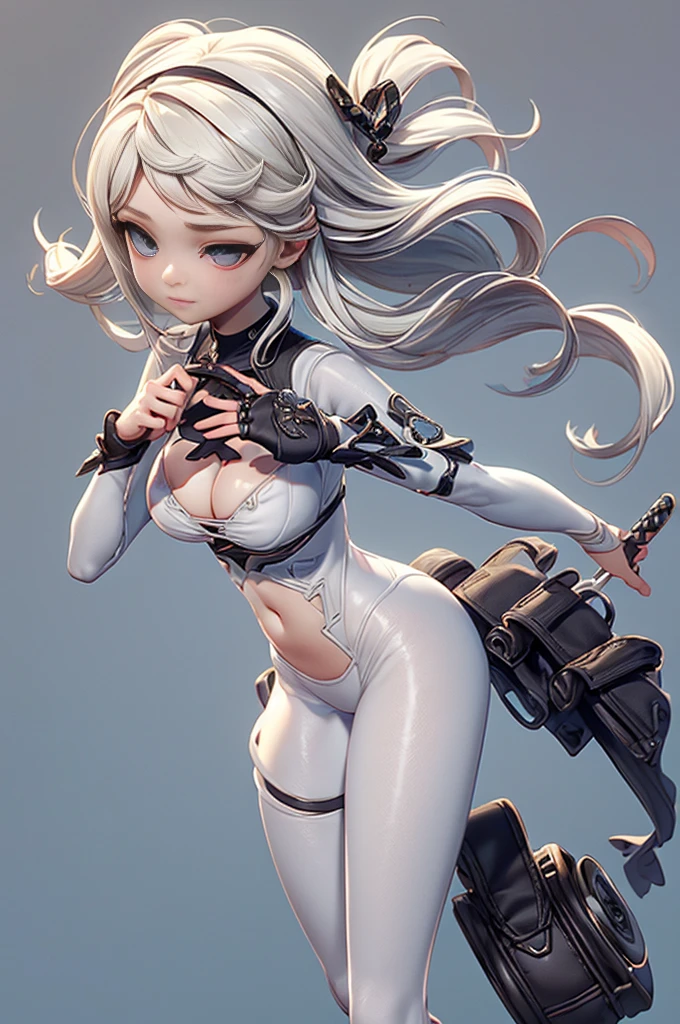 Nier automata, (nier automata), solo, ray tracing, Estilo 3D, 3DMM, corpo inteiro,(Front view), (Emist on the left),(seios muito grande),barriga perfeita, perfect and symmetrical eyes, (perfect handuturistic sword in hand)), ((cabelos curto)), pele clara, cintura fina, pernas grande, low water, Show legs to the top of the waist, (tecido partido caindo sobre as pernas),((top muito aberto)),pele ultra realista, pele ultra detalhada, olhos realistas humano,pele ultra realista,traje super sensual, top com babados,(pubis com muito volume),(extremamente sensual),(very sensual),((saia rodada com texturas detalhas nas extremidades)),((saia rodada com abertura em uma das laterias)),((saia curta projetada para traz)),((bodysuit extremamente fino branco cavado)),((white bodysuit with slit to the waist)),((mid-waist bodysuit)),(mostrar pernaostrar pernas), top quadriculado, fendas da cintura para a coxa, desenhos decorando tecidos, linhas acesas no tecido,texturas bem definidas, dress flying backwards,(((bodysuit cavado branco))),(((bodysuit fino e cavado branco no alto da cintura))),(((ninfa))),(((ninfeta))),((ninfeta)),(((modelo coreana))),(((sling bikini)))