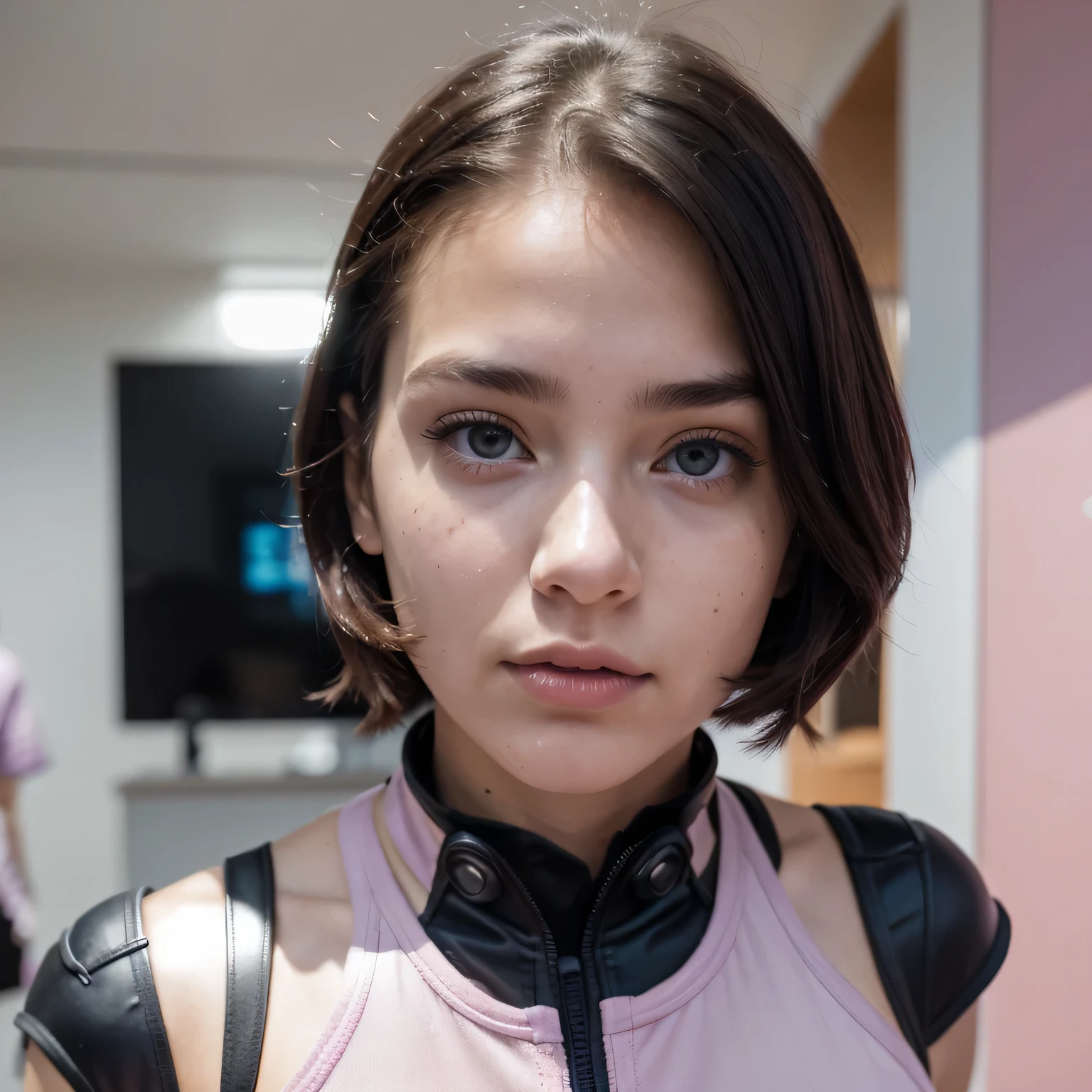 photo of a college student, Purple-Pink Gradient, futuristic space suit, (freckles:0.8) cute face, sci-fi, dystopian, detailed eyes, Heterochromia eyes（（Side view））Back Room