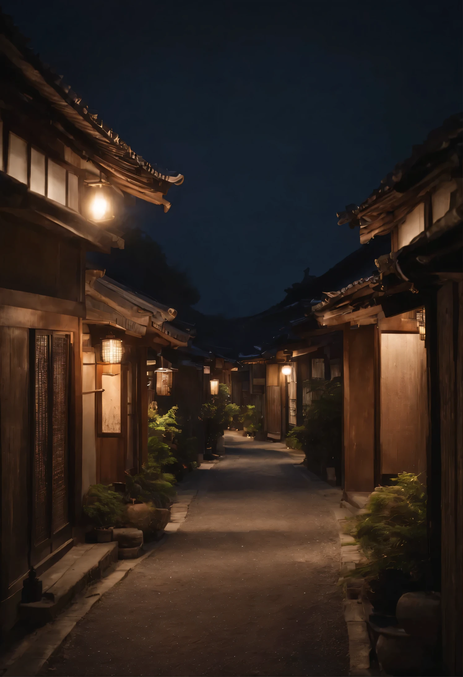 Japanese cityscape、A deserted village、Night Alley、dim、dim street light、