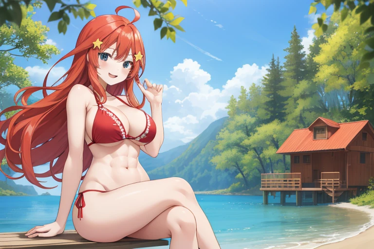 2d, masterpiece, best quality, anime, highly detailed, 5 girl, photo of 5 girl, quintuplets, nakano itsuki, red hair, long hair, star hair ornament, ahoge, huge breasts, standing, open-air bath, red bikini, outdoors, smile, abdominal, abs muscular, belly button, side breasts, back muscles, sitting crossed legs, big table filled with quintuplets surrounded by, t-back thong, sexy body, perfect body, pier at the cabin lake