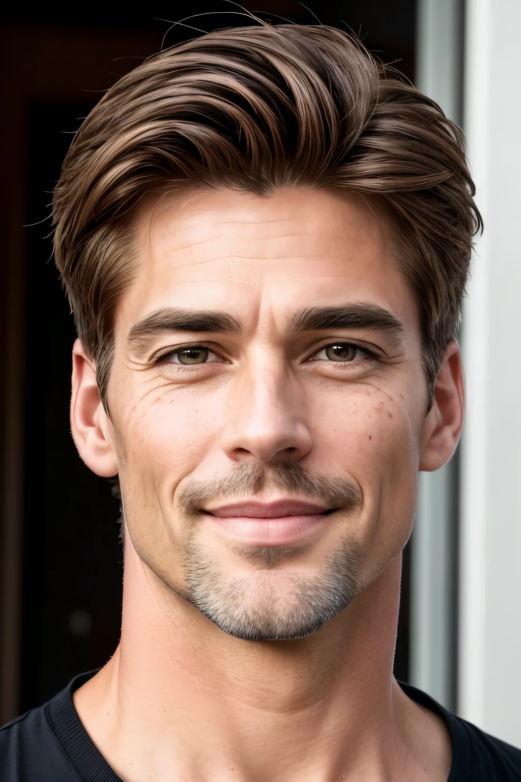 Ultrarealistic long full face and body image of a 43-year-old man, exuding an irresistible attractiveness with his lovingly handsome features. His deep hazel eyes, surrounded by long, black lashes, radiate an enchanting allure that captures anyone's attention. The hair on his head, with lighter shades gracefully framing his face, adds an air of sophistication and elegance. His full lips curve into a playful, ever-so-slightly scowling smile, hinting at both mystery and charm.
A subtle scattering of freckles across his nose and cheeks lends his appearance a fresh and natural air. His face