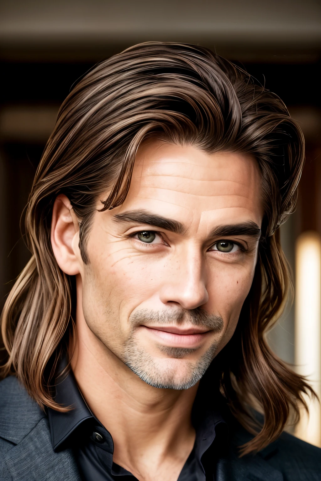Ultrarealistic long full face and body image of a 43-year-old man, exuding an irresistible attractiveness with his lovingly handsome features. His deep hazel eyes, surrounded by long, black lashes, radiate an enchanting allure that captures anyone's attention. The hair on his head, with lighter shades gracefully framing his face, adds an air of sophistication and elegance. His full lips curve into a playful, ever-so-slightly scowling smile, hinting at both mystery and charm.

A subtle scattering of freckles across his nose and cheeks lends his appearance a fresh and natural air. His face