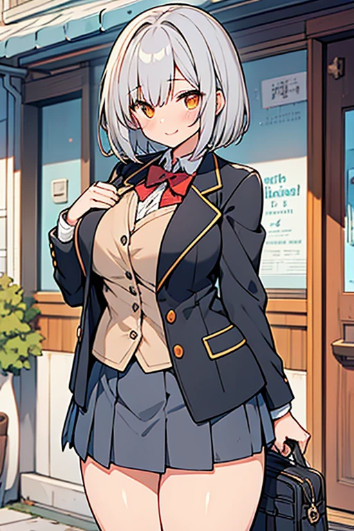 girl、high school student、Gray Hair、Short Hair、Bob、Orange Eyes、Thick thighs、((G-Cup))、Make your breasts bigger、smile、teasing、((highest quality))、Anime Style、Residential Street、uniform、Black blazer、skirt、I have a bag