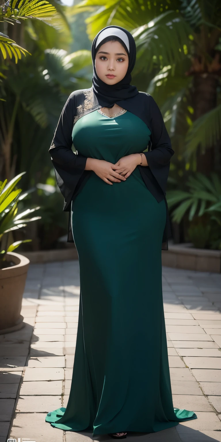 1 malay girl, modern plain hijab, shy, medium portrait, watery eyes, wearing dark green kebaya, ((big breasts)), black bokeh background, well-proportioned body,, chubby massive thighs, full body pose, Hena art on the body, hena art on face, slightly fat body