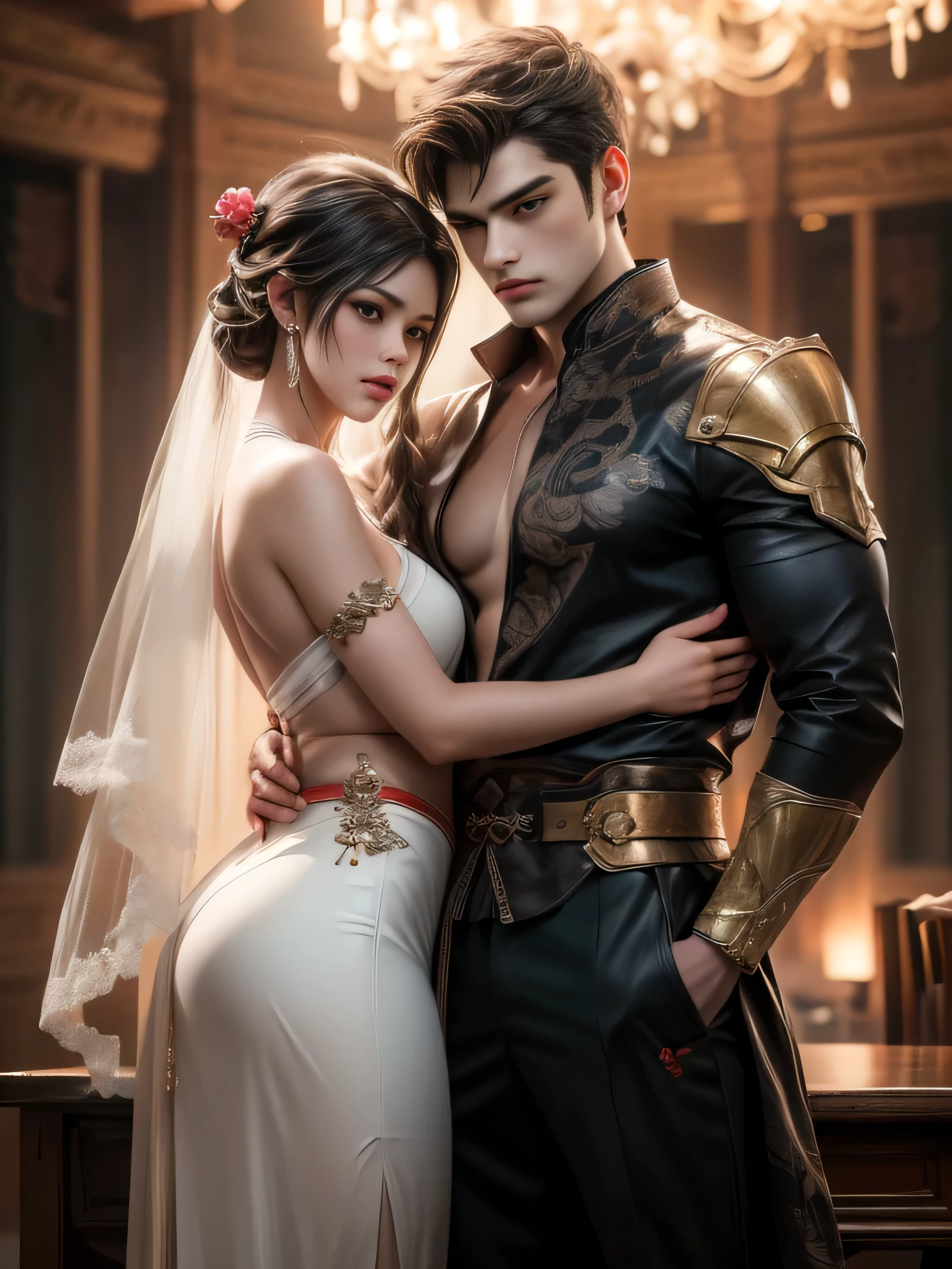 arafed image of a couple of man and woman hugging each other in Peach Garden, in wedding clothes, Peach Garden detailed background, xianxia fantasy, jingna zhang, game cg, wuxia, inspired by Chen Yifei, xianxia, xianxia hero, 2.5 d cgi anime fantasy artwork, heise jinyao, chinese fantasy, beautiful render of tang dynasty, heise-lian yan fang, 8k character details, high quality anime art, high quality illustration, detailed anime wallpapers, detailed anime art, hyper-realistic, elegant, high quality realistic anime art, (Perfectly hand detailed [Beautiful fingers with no damage [beautiful nails]]),(perfect anatomy(perfectly balanced proportions))[[full body portrait]],[ideal color coordination(Accurate simulation of light and material interactions)],([Precision Detail](detailed,高fine)),[Visual art that tells a story],((highest quality)fine[[High density drawing]])(4K Quality)